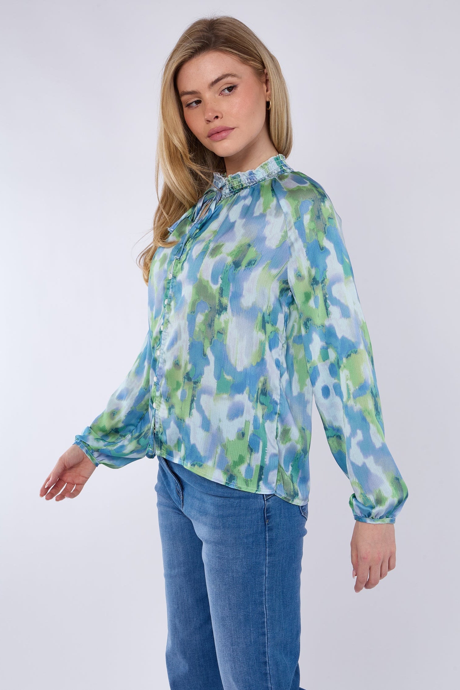 8Pcs Blue and Green Tie Dye Print Tie Lace Satin Blouse