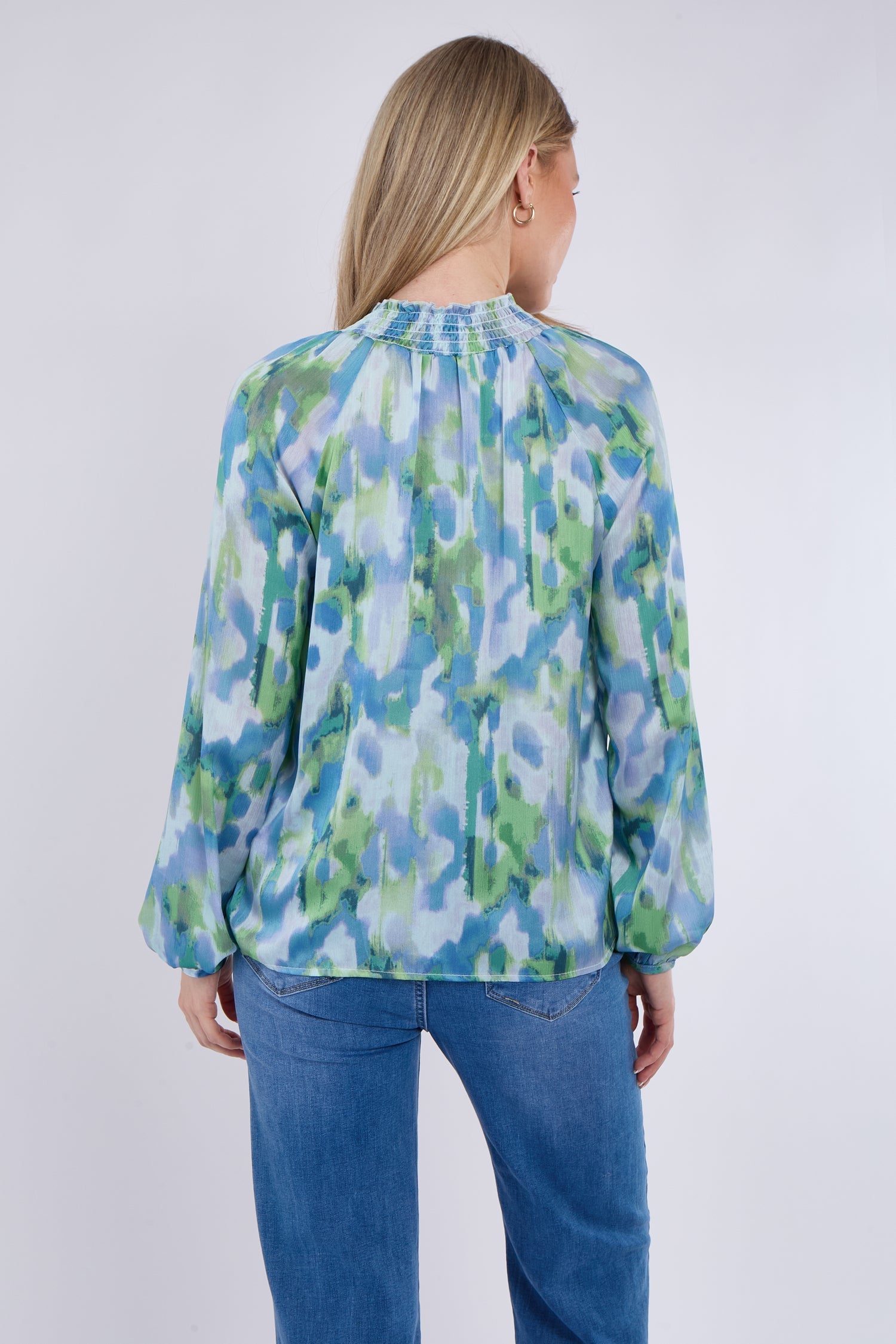 8Pcs Blue and Green Tie Dye Print Tie Lace Satin Blouse