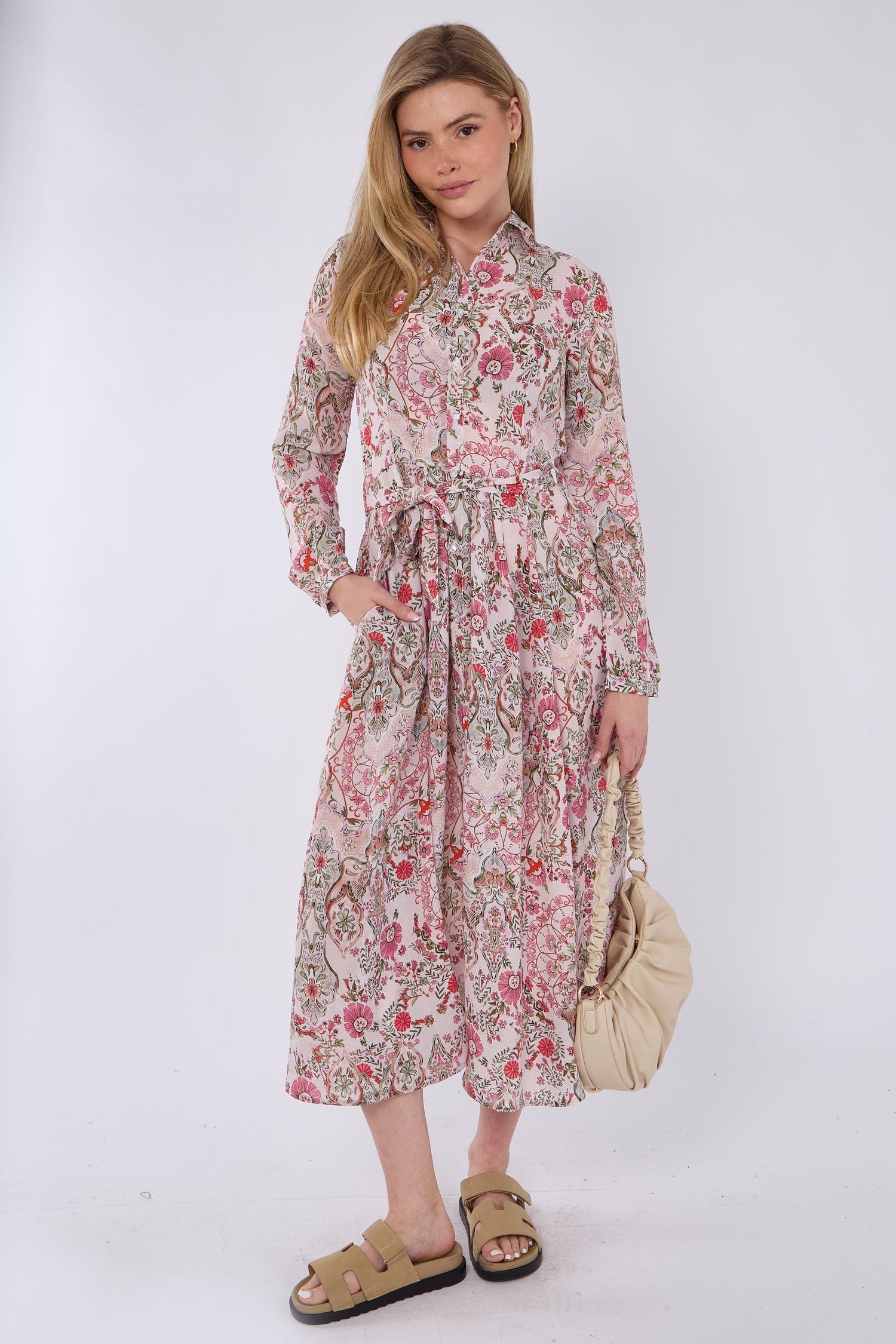 8Pcs Pink Paisley Floral Print Midaxi Chiffon Shirt Dress