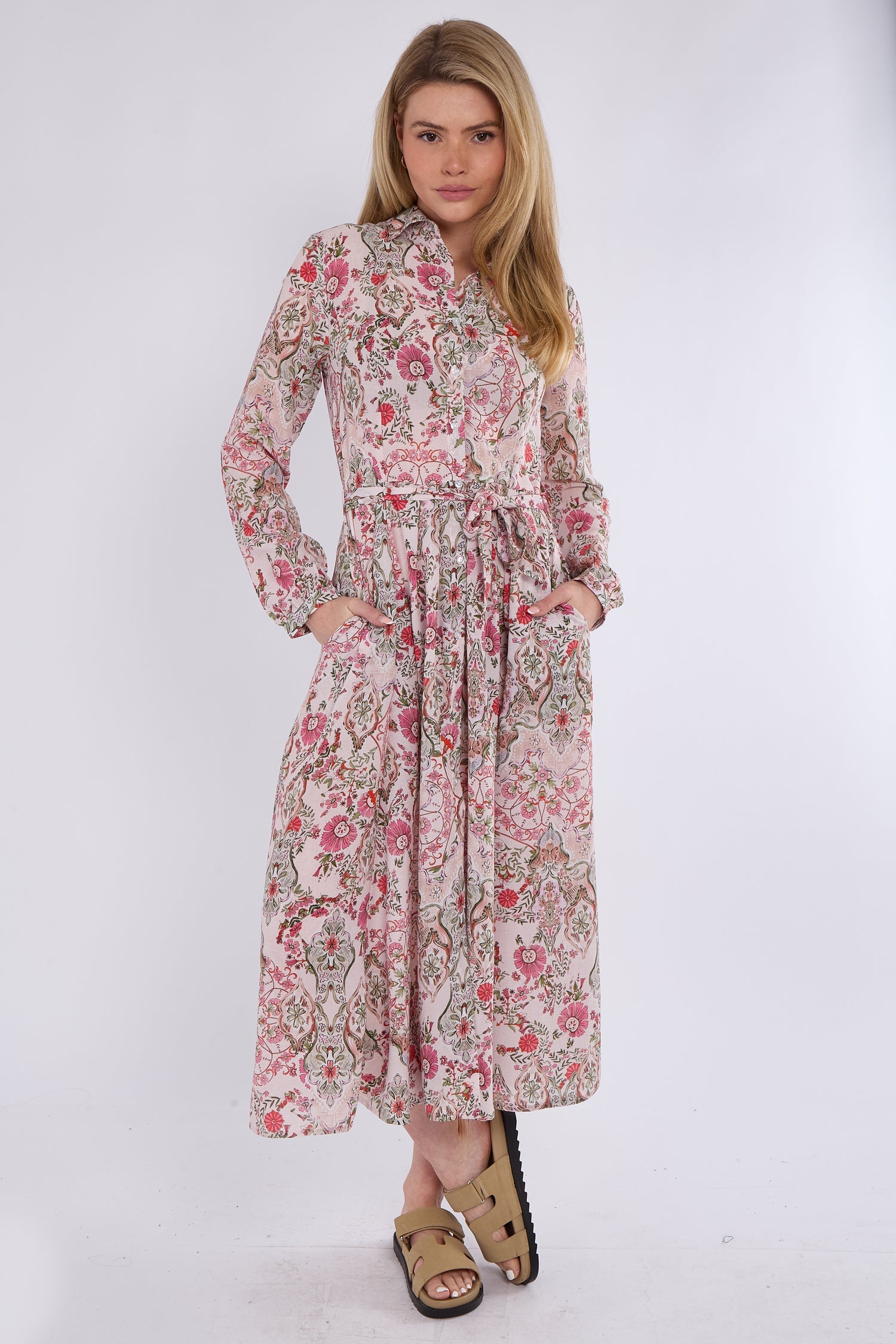 8Pcs Pink Paisley Floral Print Midaxi Chiffon Shirt Dress