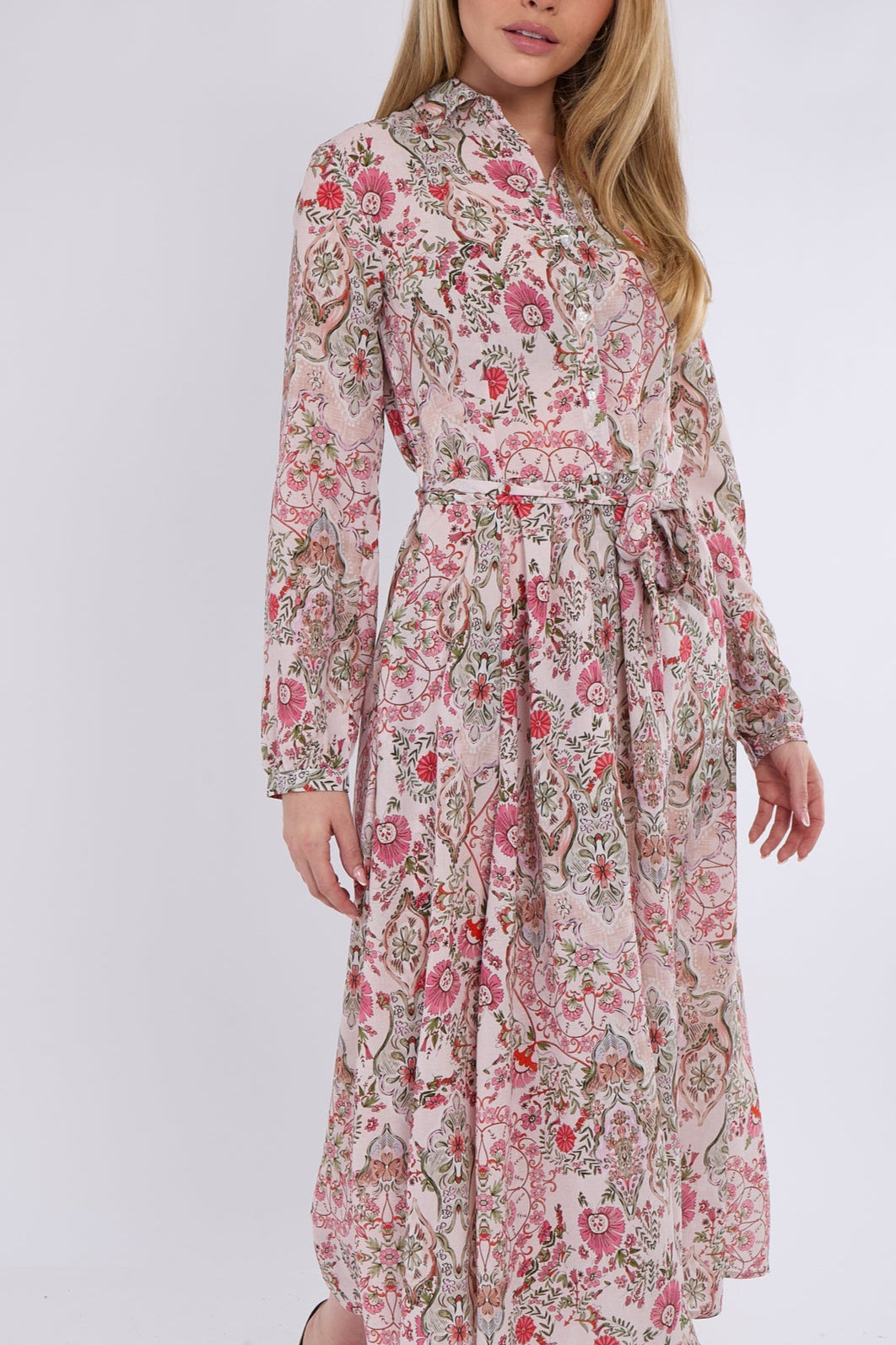 8Pcs Pink Paisley Floral Print Midaxi Chiffon Shirt Dress