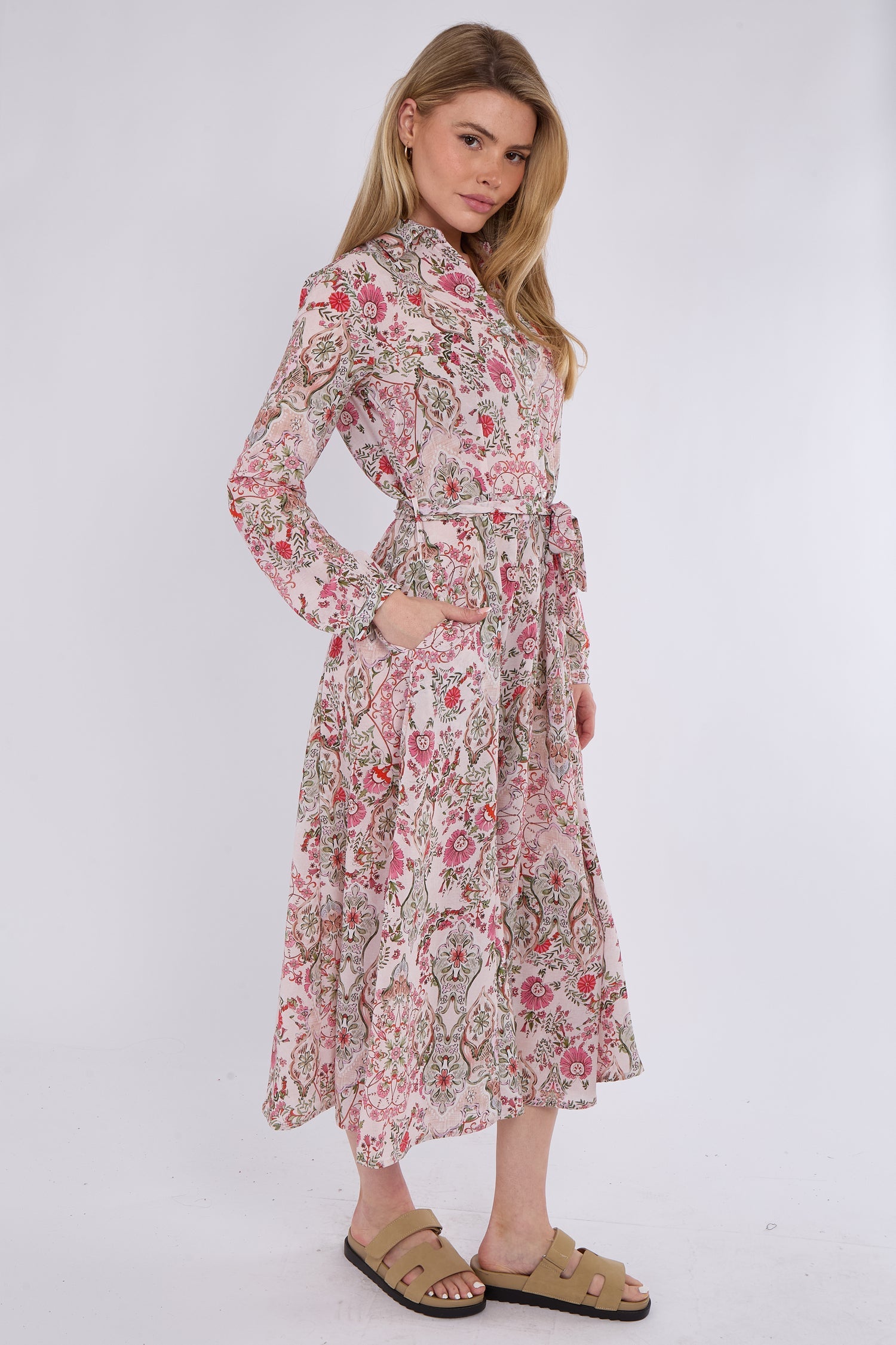 8Pcs Pink Paisley Floral Print Midaxi Chiffon Shirt Dress