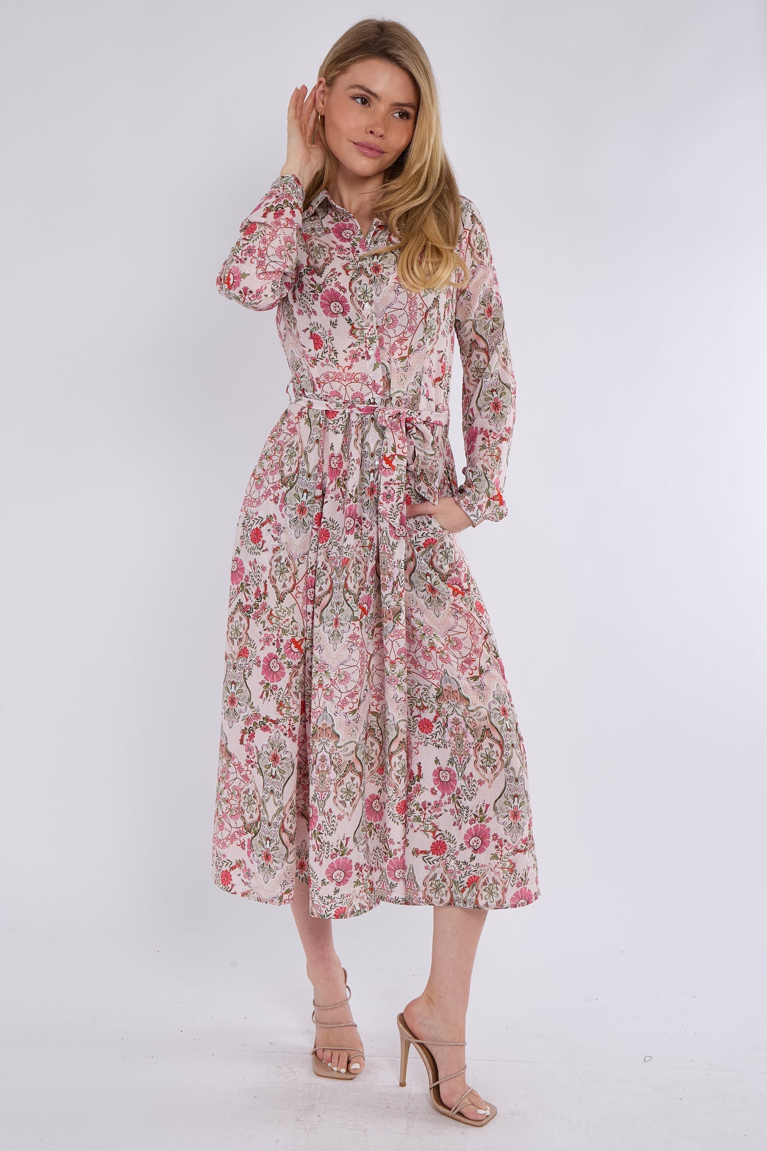 8Pcs Pink Paisley Floral Print Midaxi Chiffon Shirt Dress