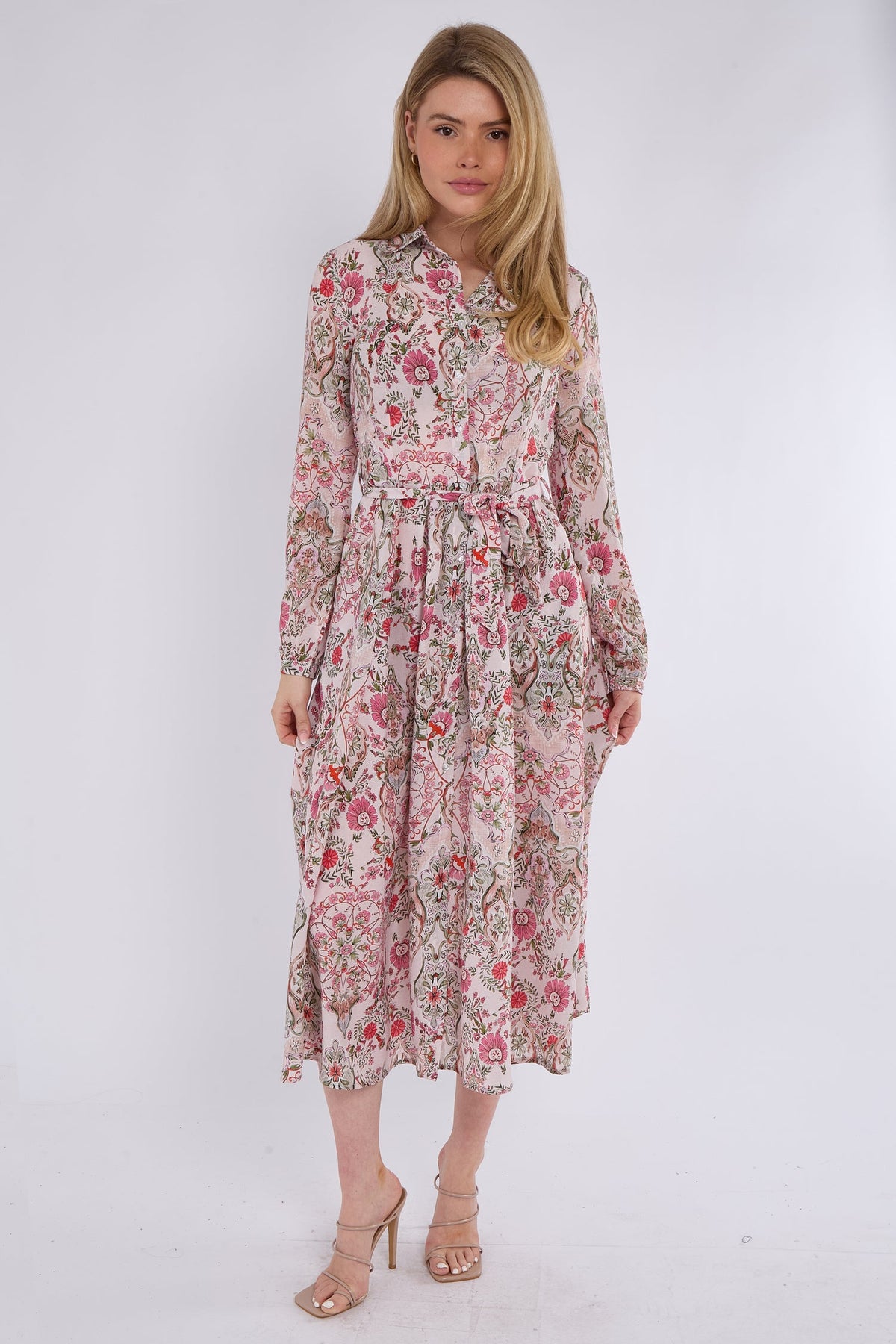 8Pcs Pink Paisley Floral Print Midaxi Chiffon Shirt Dress