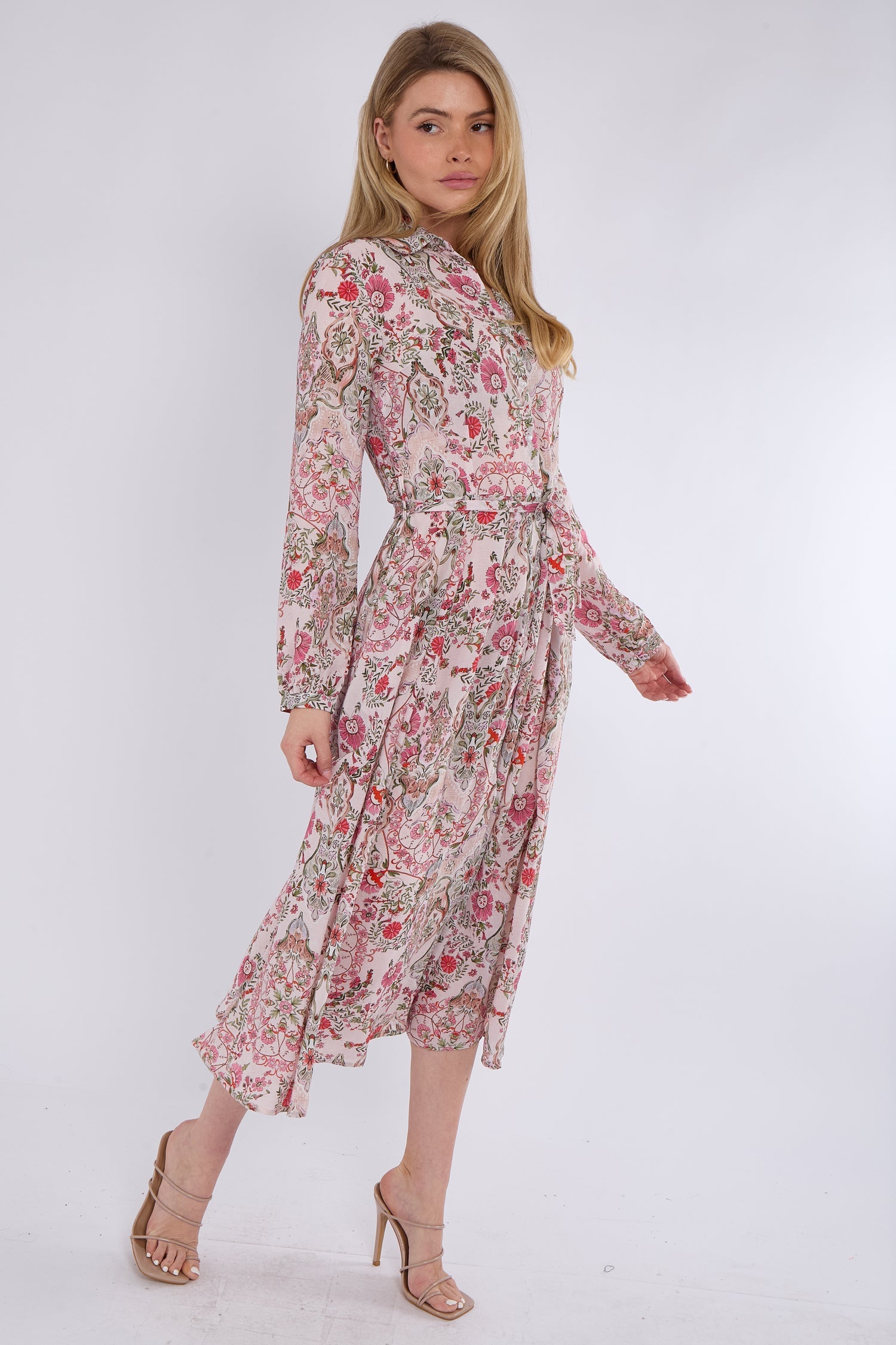 8Pcs Pink Paisley Floral Print Midaxi Chiffon Shirt Dress