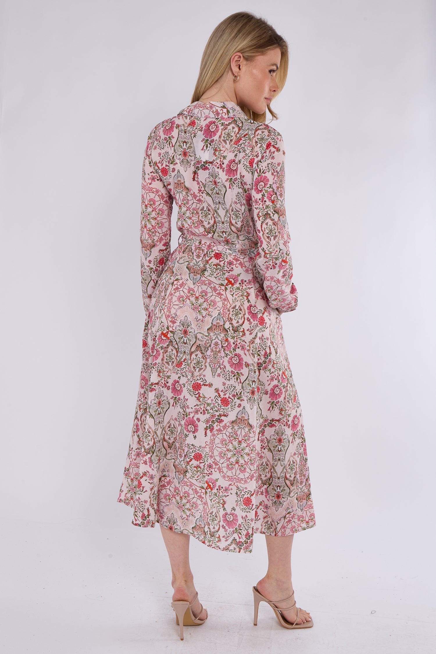 8Pcs Pink Paisley Floral Print Midaxi Chiffon Shirt Dress
