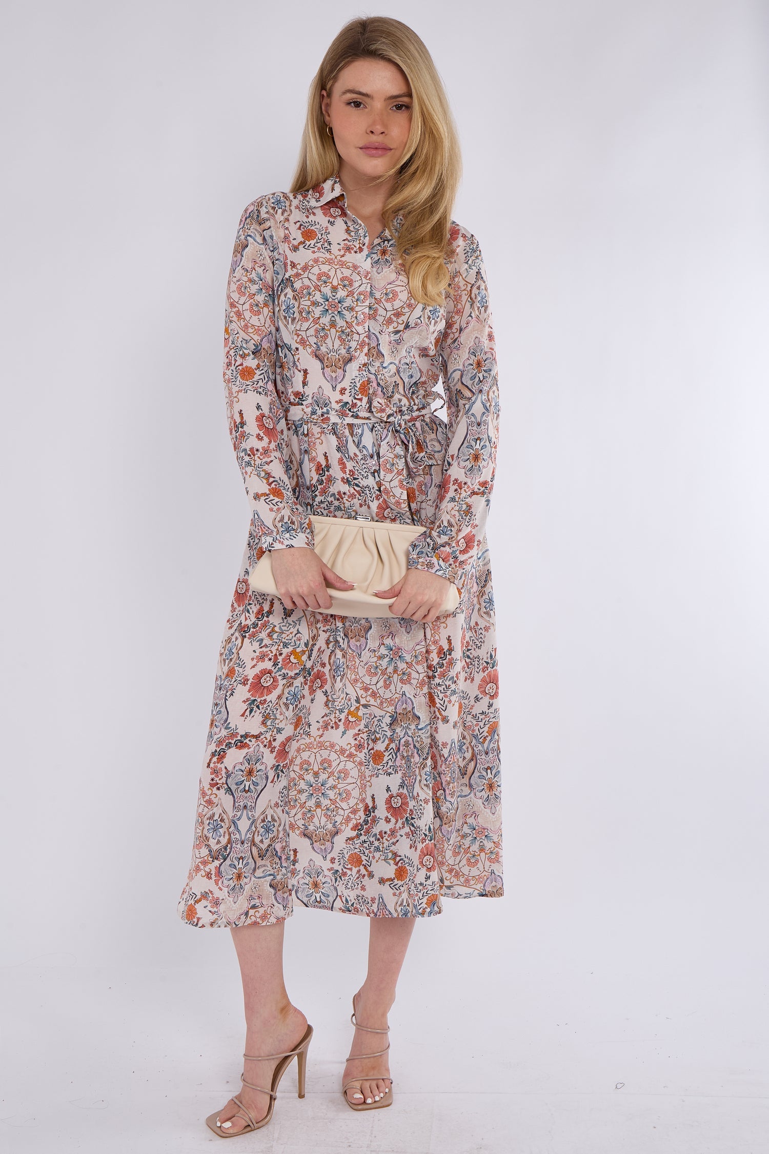 8Pcs Orange Paisley Floral Print Midaxi Chiffon Shirt Dress