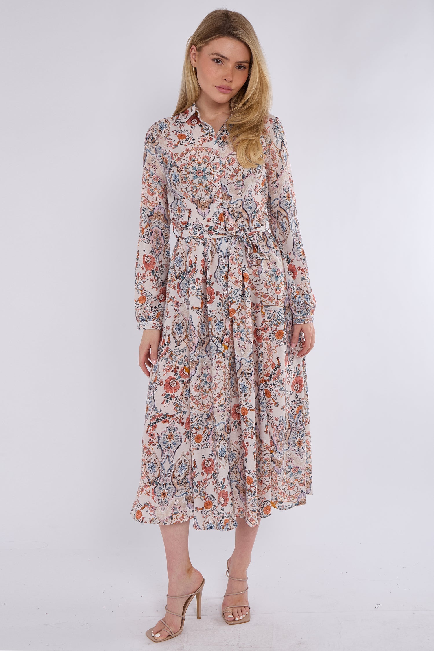 8Pcs Orange Paisley Floral Print Midaxi Chiffon Shirt Dress