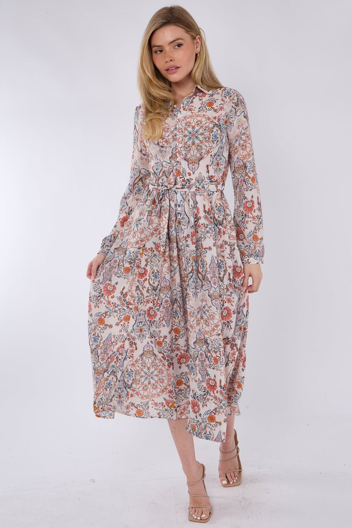 8Pcs Orange Paisley Floral Print Midaxi Chiffon Shirt Dress
