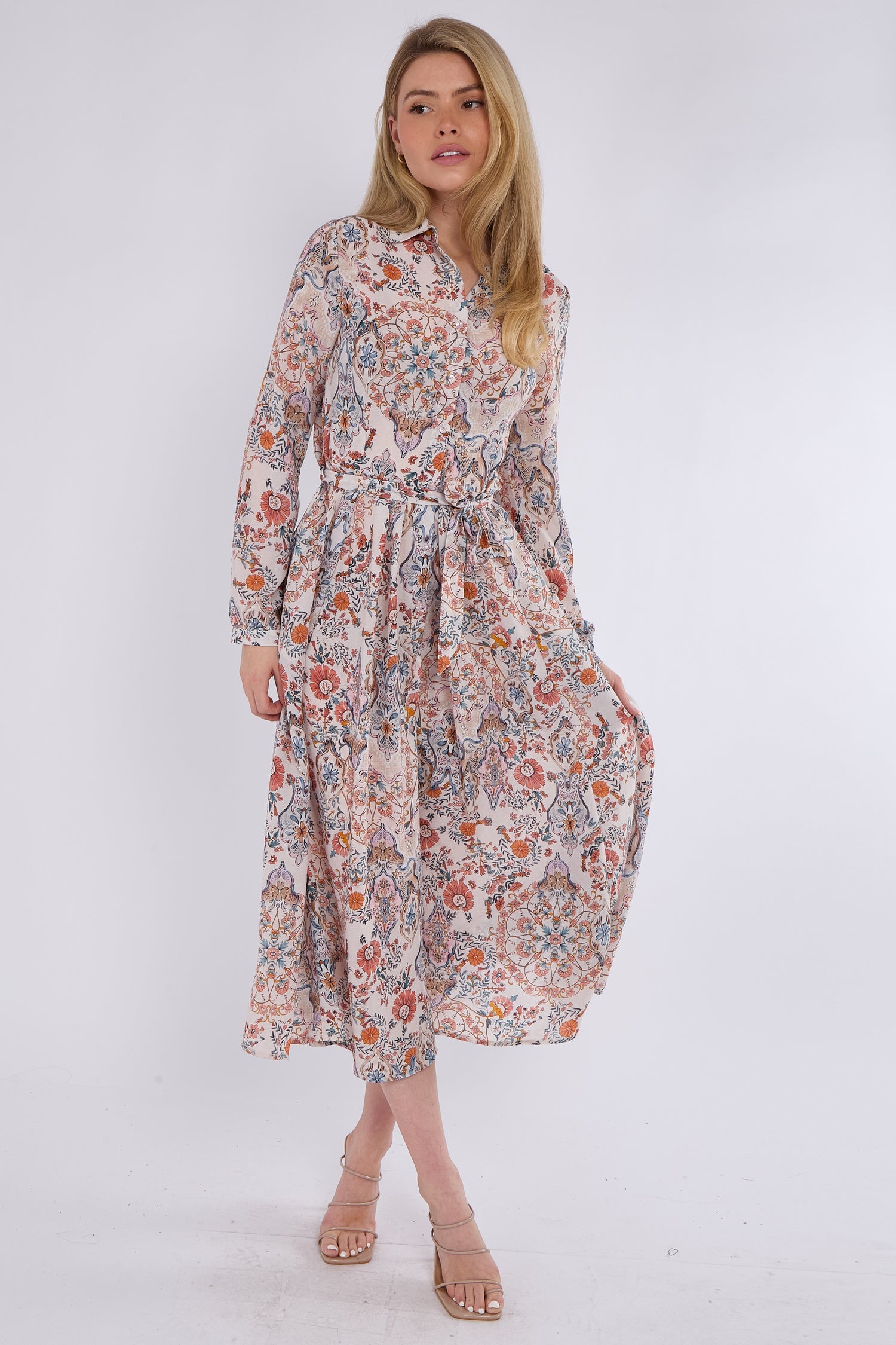 8Pcs Orange Paisley Floral Print Midaxi Chiffon Shirt Dress