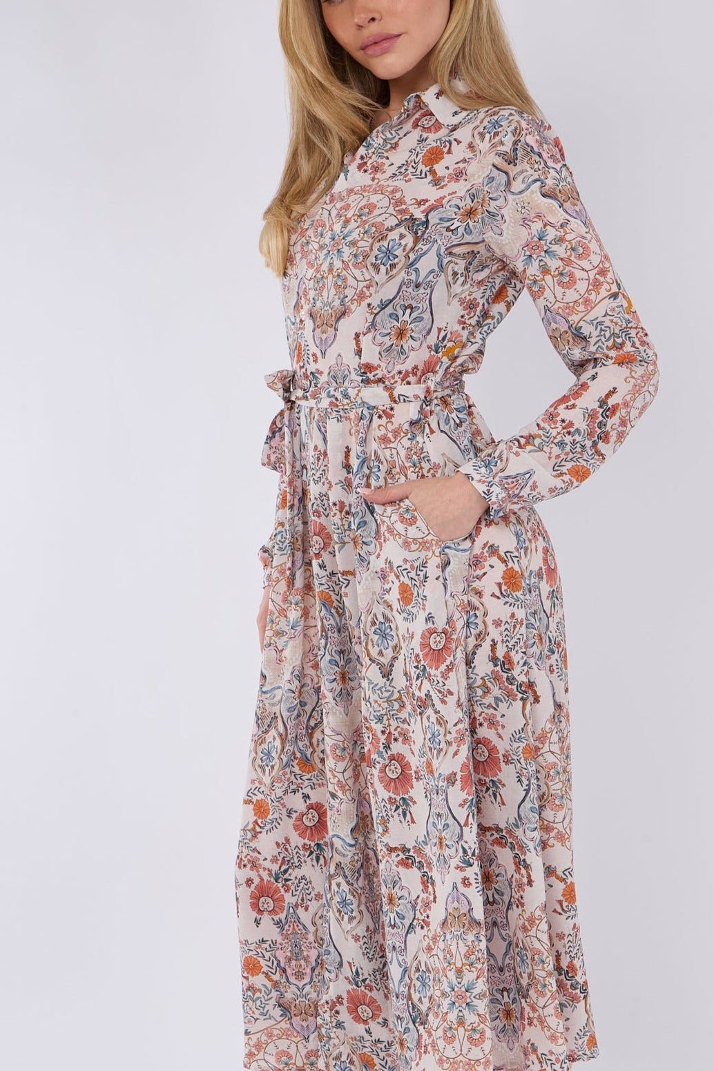 8Pcs Orange Paisley Floral Print Midaxi Chiffon Shirt Dress