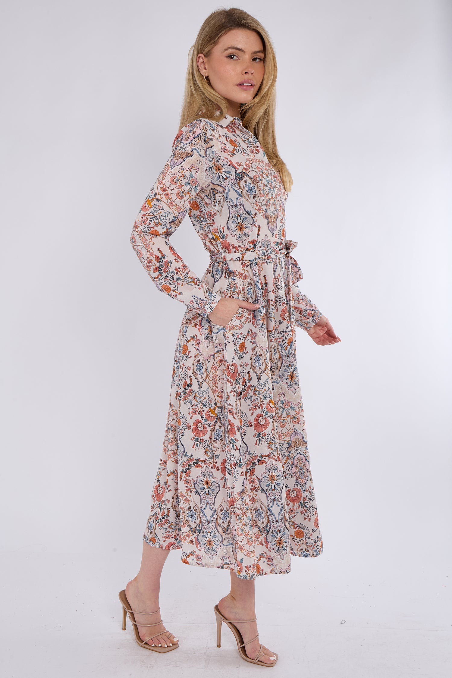 8Pcs Orange Paisley Floral Print Midaxi Chiffon Shirt Dress
