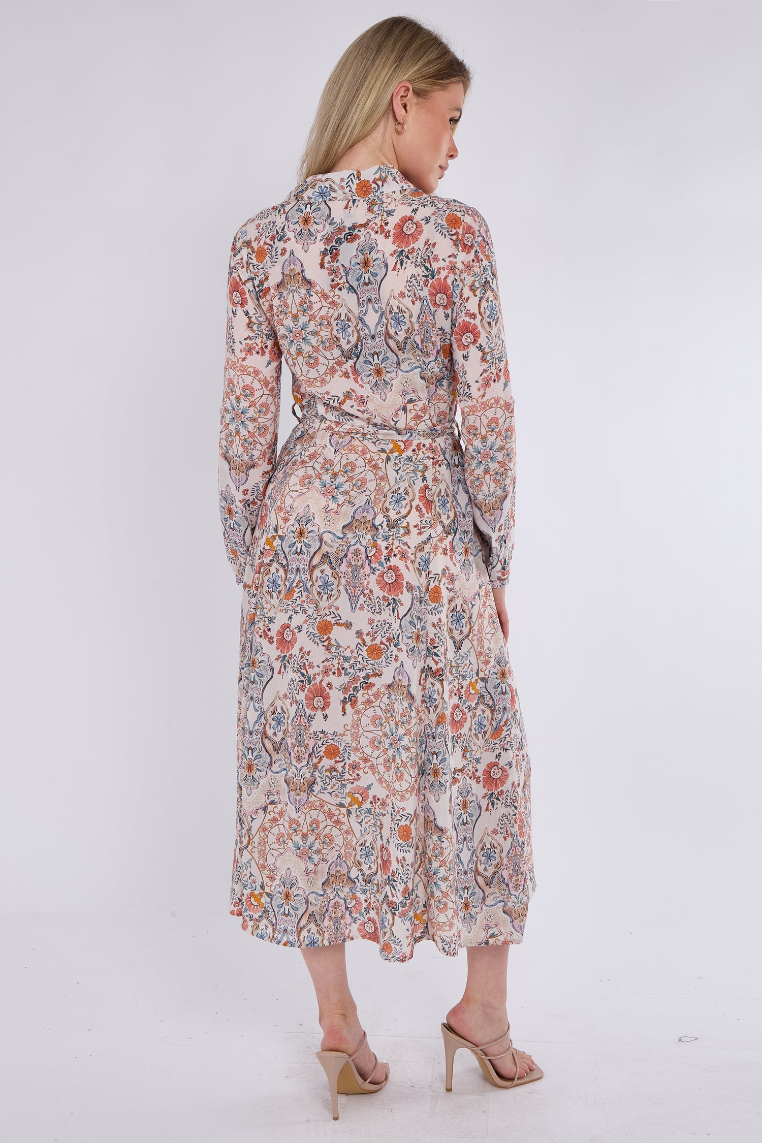 8Pcs Orange Paisley Floral Print Midaxi Chiffon Shirt Dress