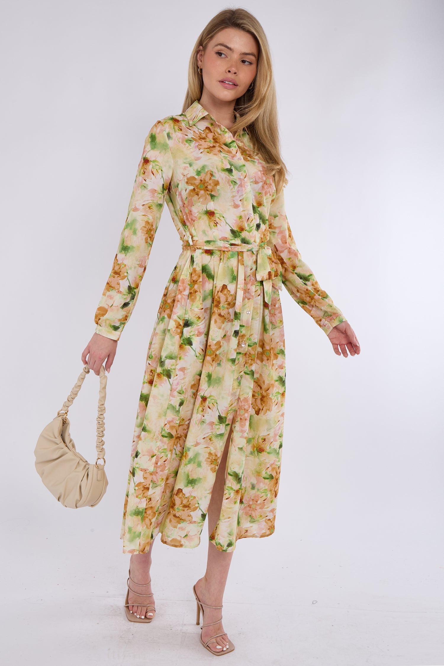 8Pcs Sunshine Bloom Printed Midaxi Shirt Dress