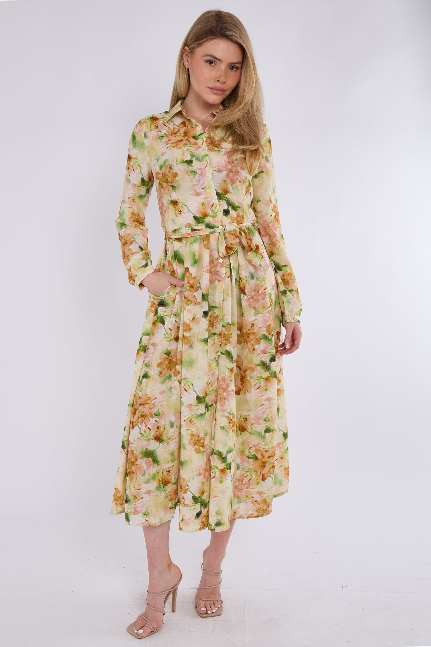 8Pcs Sunshine Bloom Printed Midaxi Shirt Dress