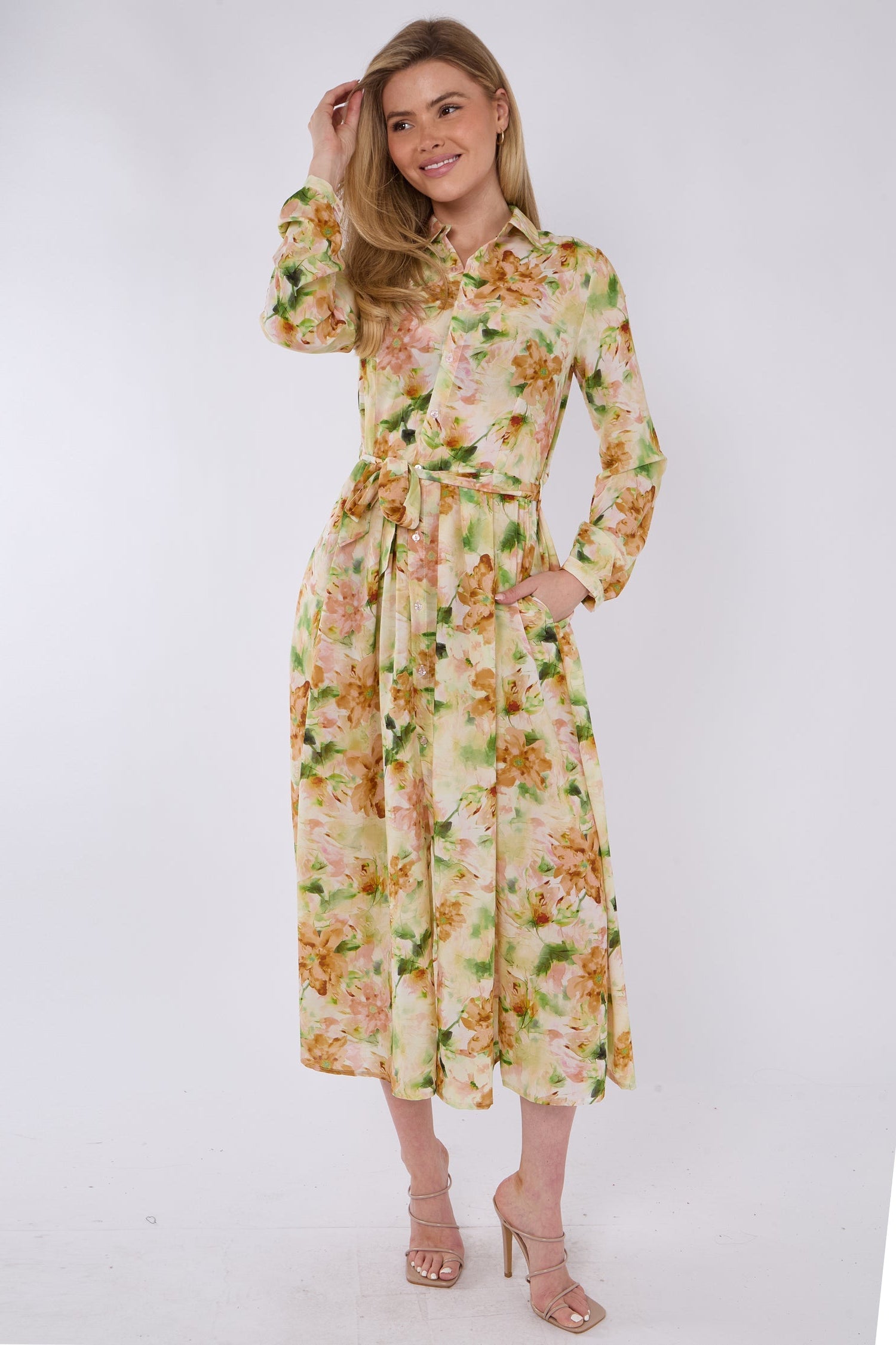 8Pcs Sunshine Bloom Printed Midaxi Shirt Dress