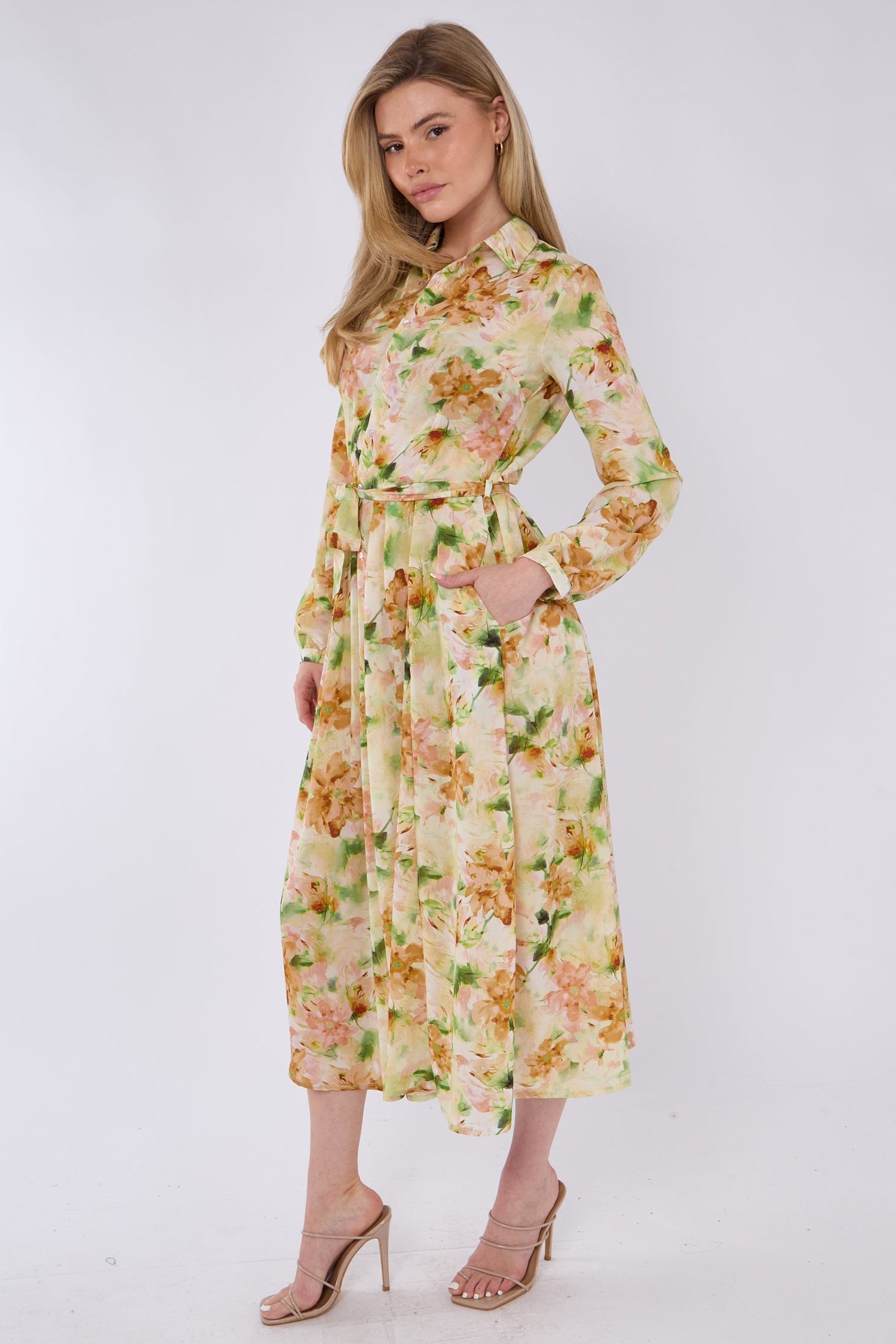 8Pcs Sunshine Bloom Printed Midaxi Shirt Dress