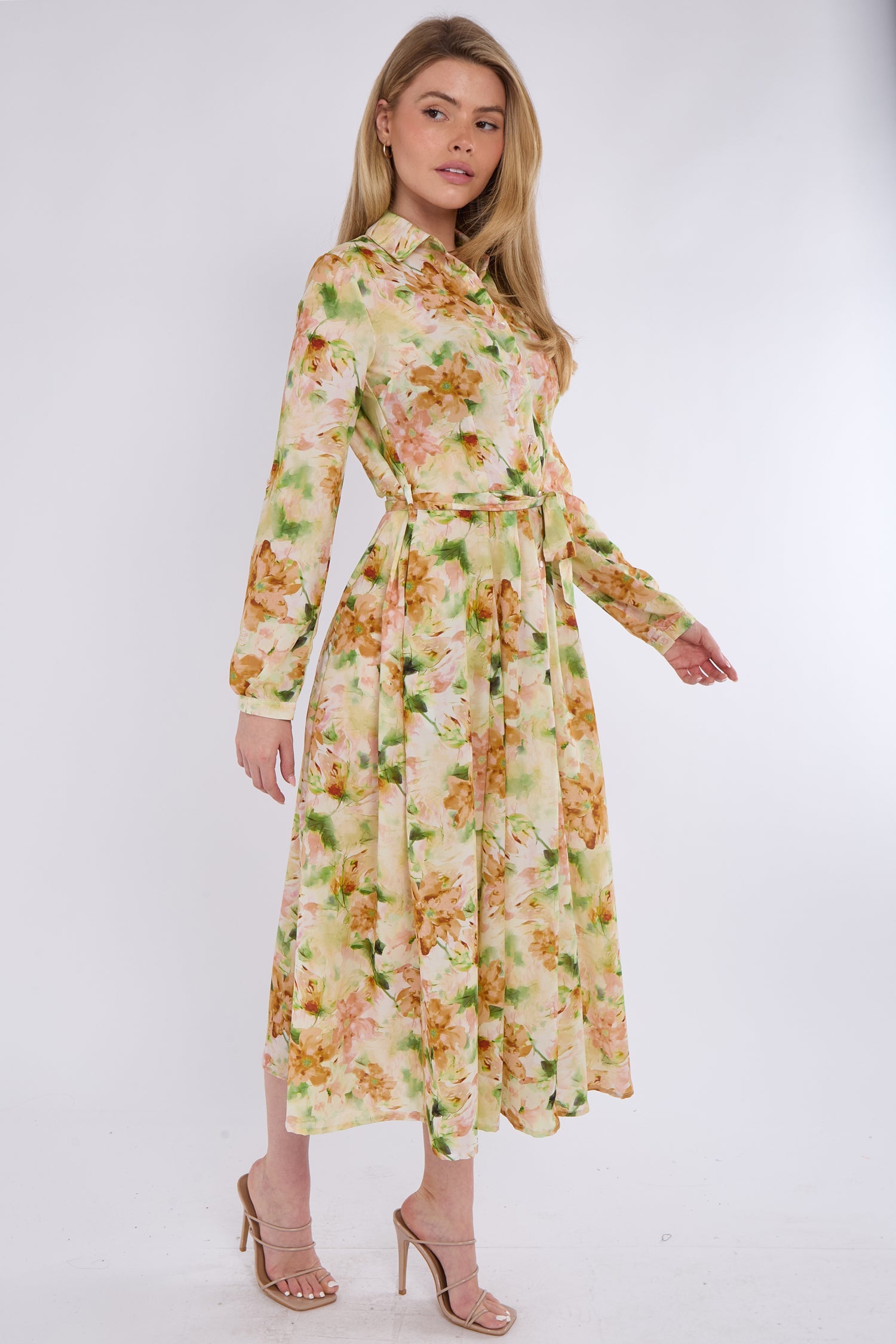 8Pcs Sunshine Bloom Printed Midaxi Shirt Dress