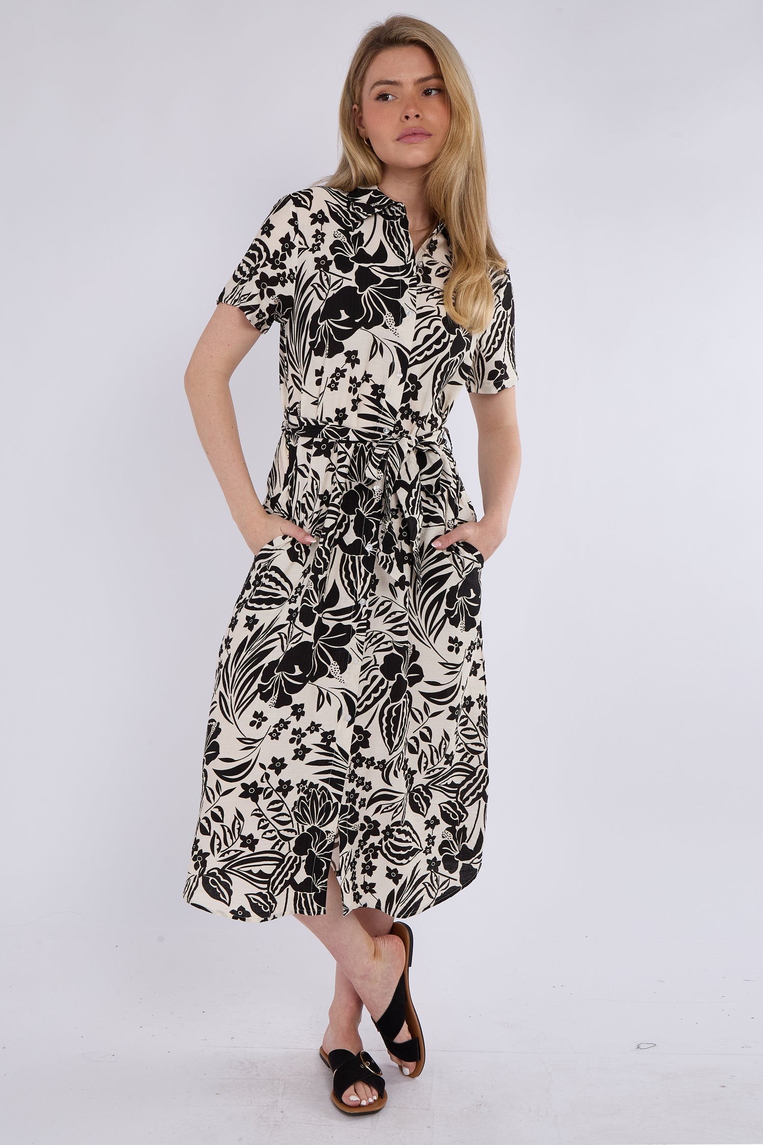 8Pcs Black Paisley Floral Print Short Sleeve Midi Shirt Dress