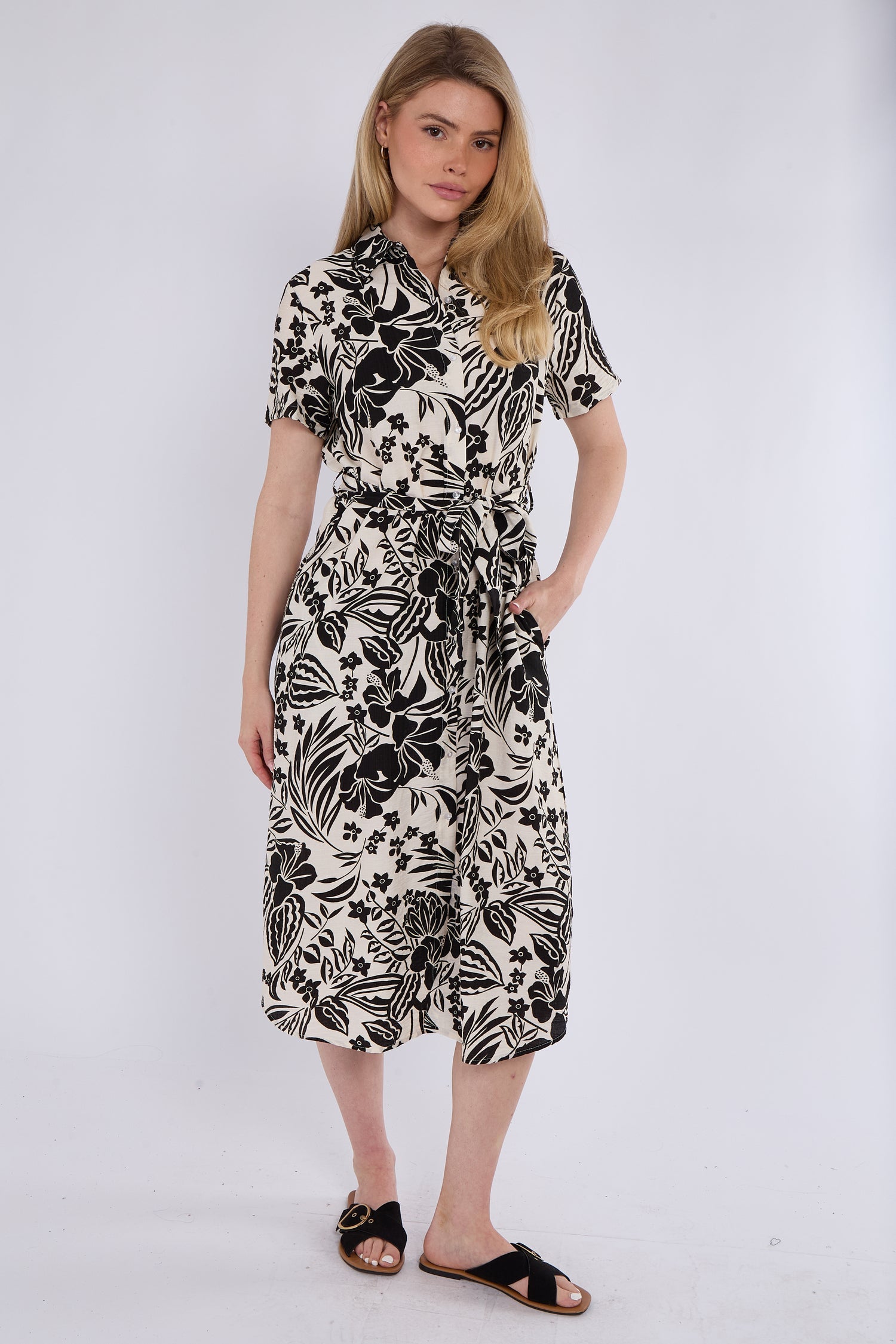 8Pcs Black Paisley Floral Print Short Sleeve Midi Shirt Dress
