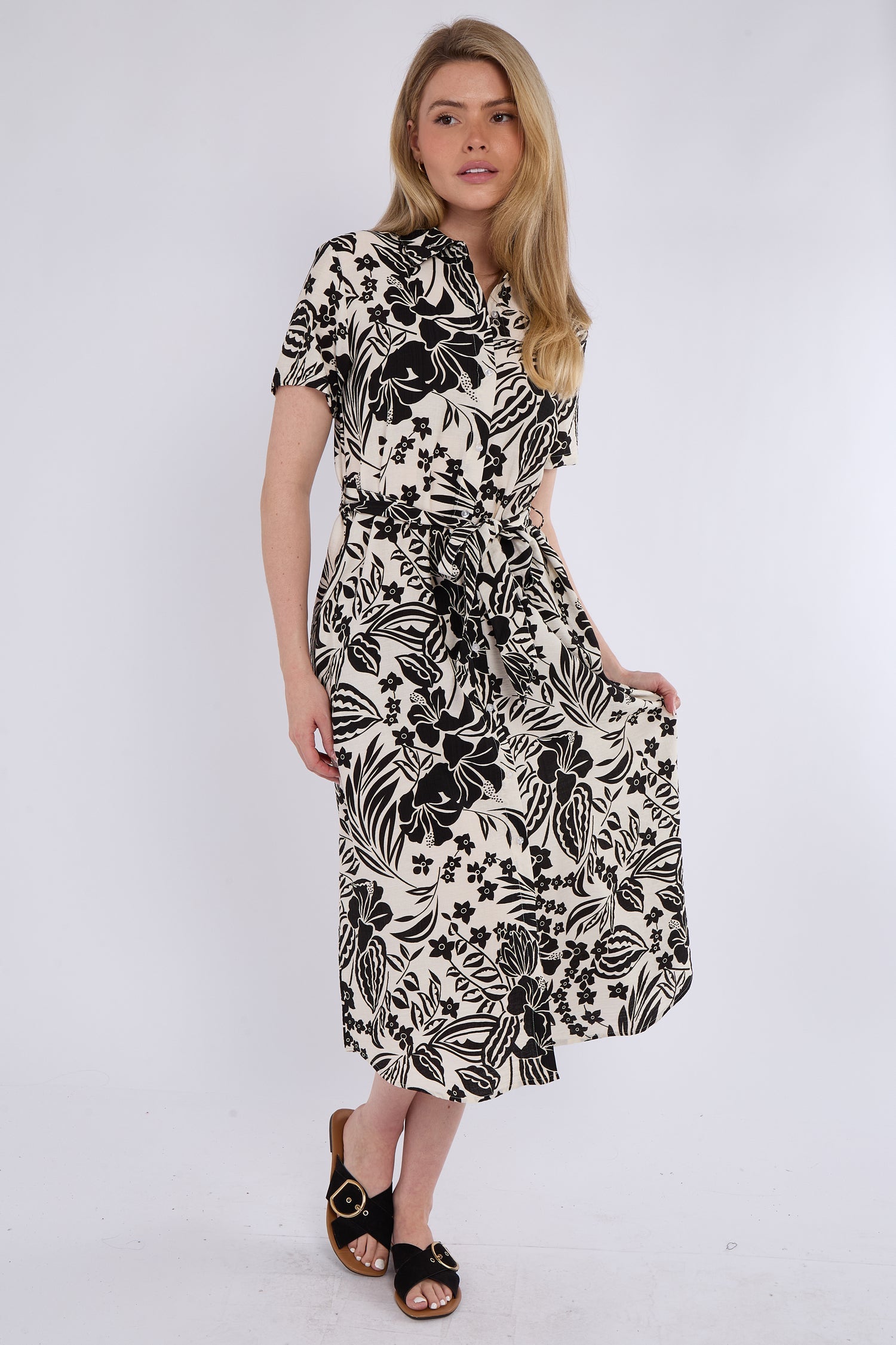 8Pcs Black Paisley Floral Print Short Sleeve Midi Shirt Dress