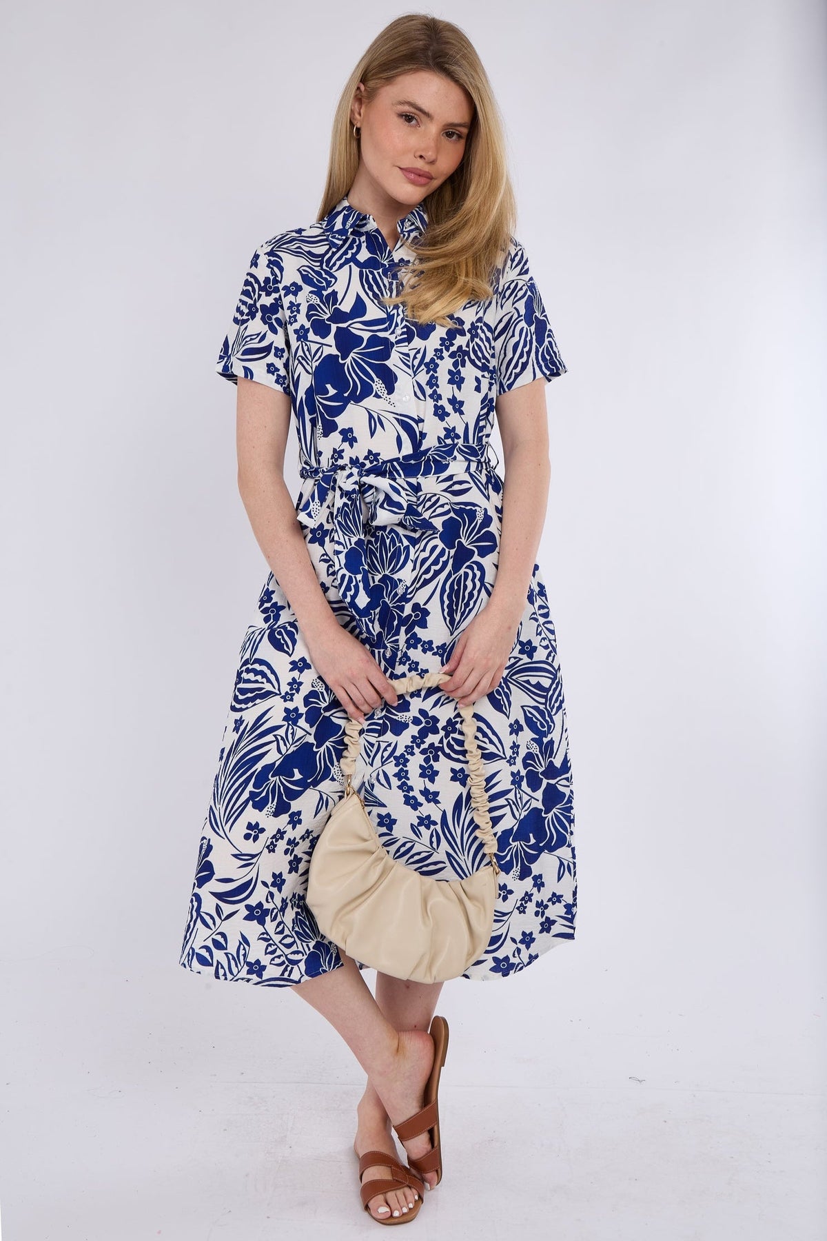 8Pcs Blue Paisley Floral Print Short Sleeve Midi Shirt Dress