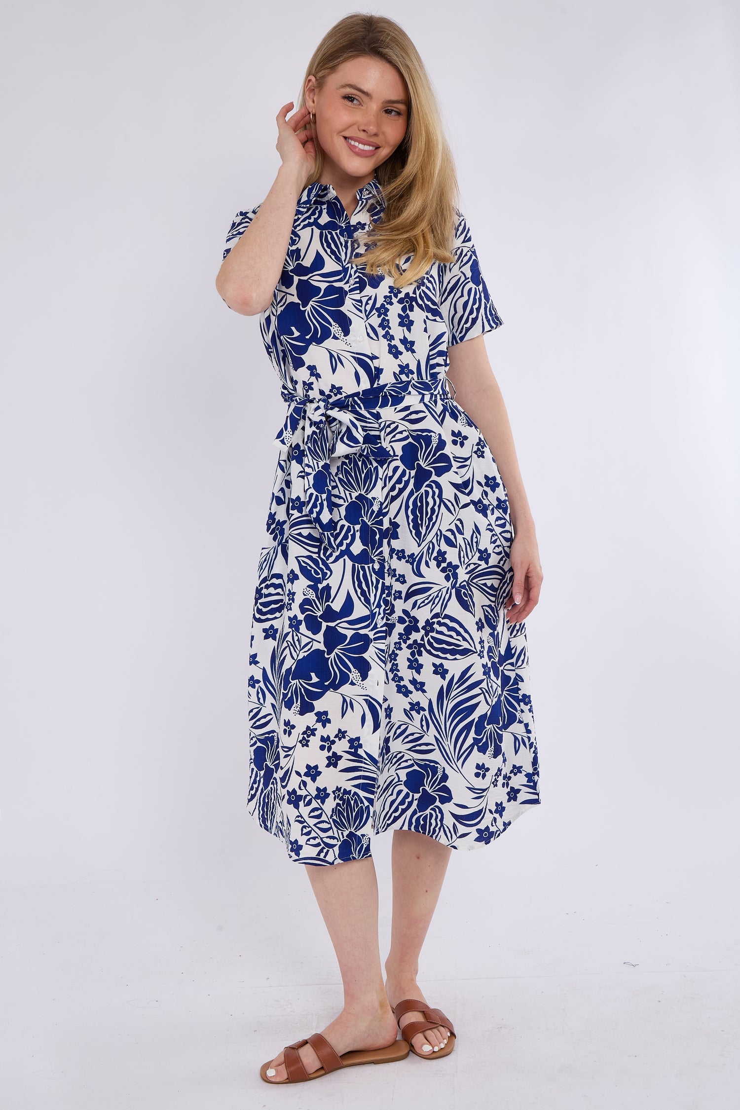 8Pcs Blue Paisley Floral Print Short Sleeve Midi Shirt Dress