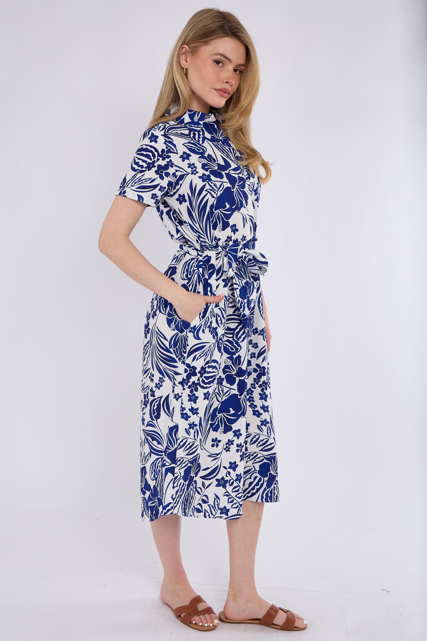 8Pcs Blue Paisley Floral Print Short Sleeve Midi Shirt Dress