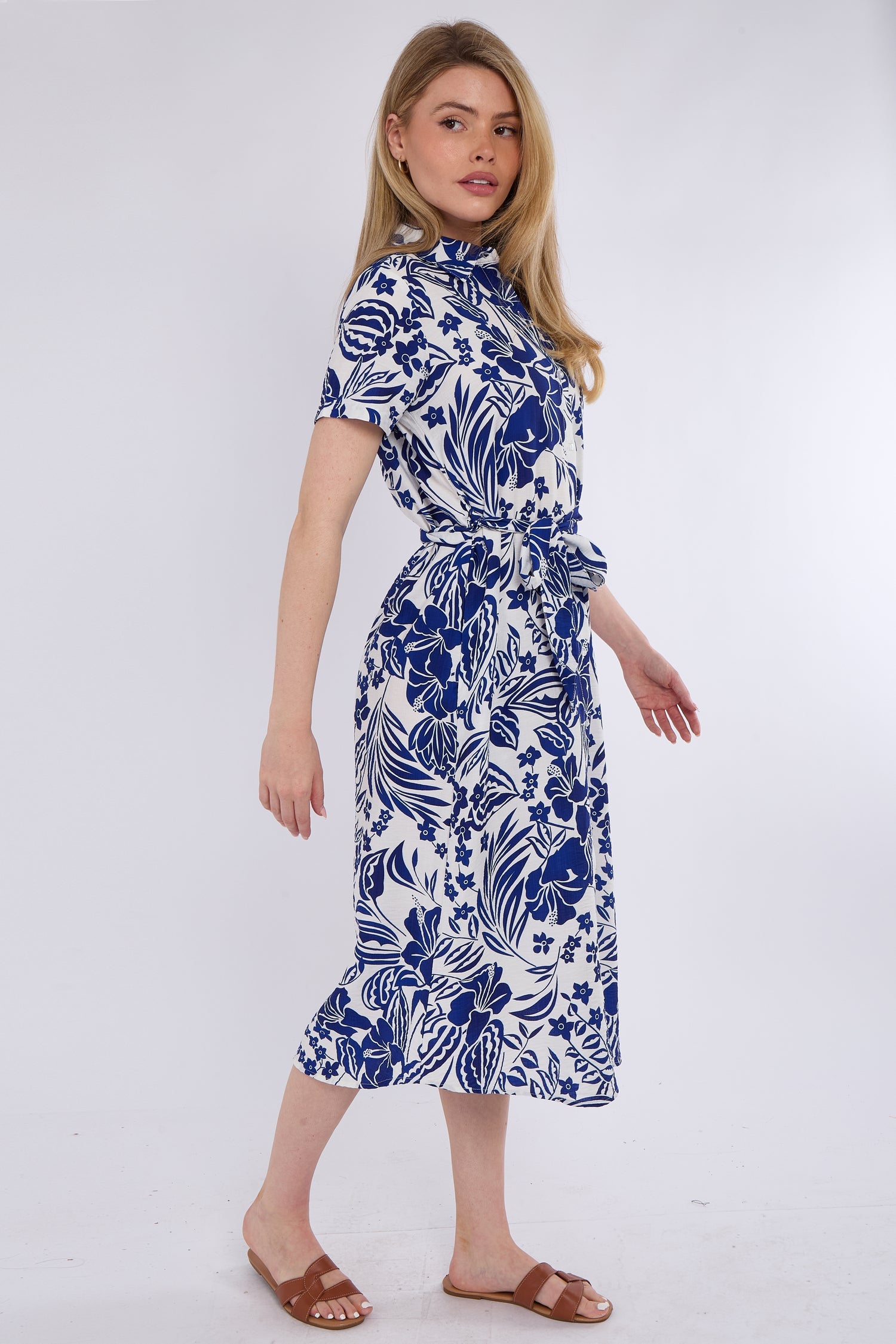 8Pcs Blue Paisley Floral Print Short Sleeve Midi Shirt Dress