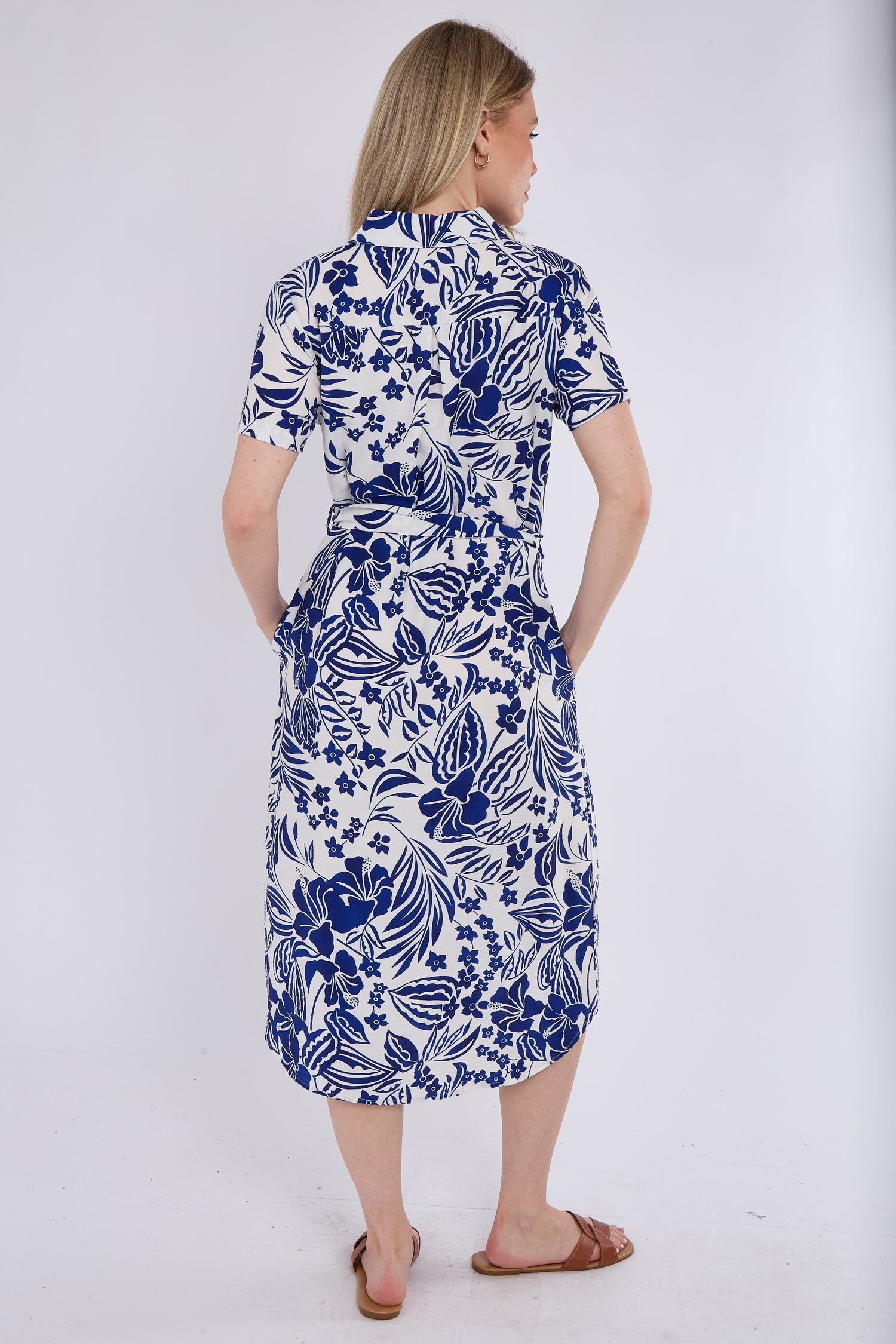 8Pcs Blue Paisley Floral Print Short Sleeve Midi Shirt Dress