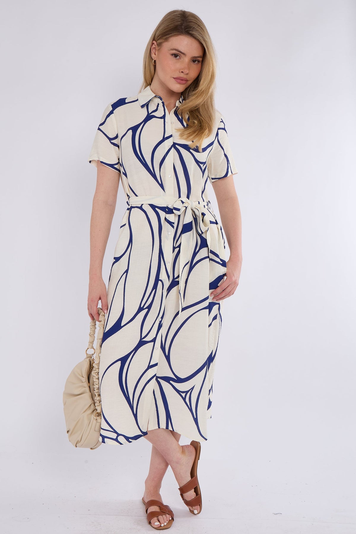 8Pcs Blue Graphic Wave Print Short Sleeve Midi Shirt Dress