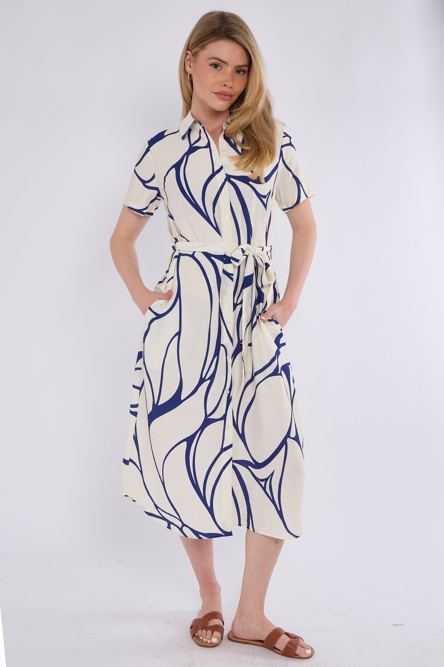 8Pcs Blue Graphic Wave Print Short Sleeve Midi Shirt Dress