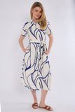 8Pcs Blue Graphic Wave Print Short Sleeve Midi Shirt Dress