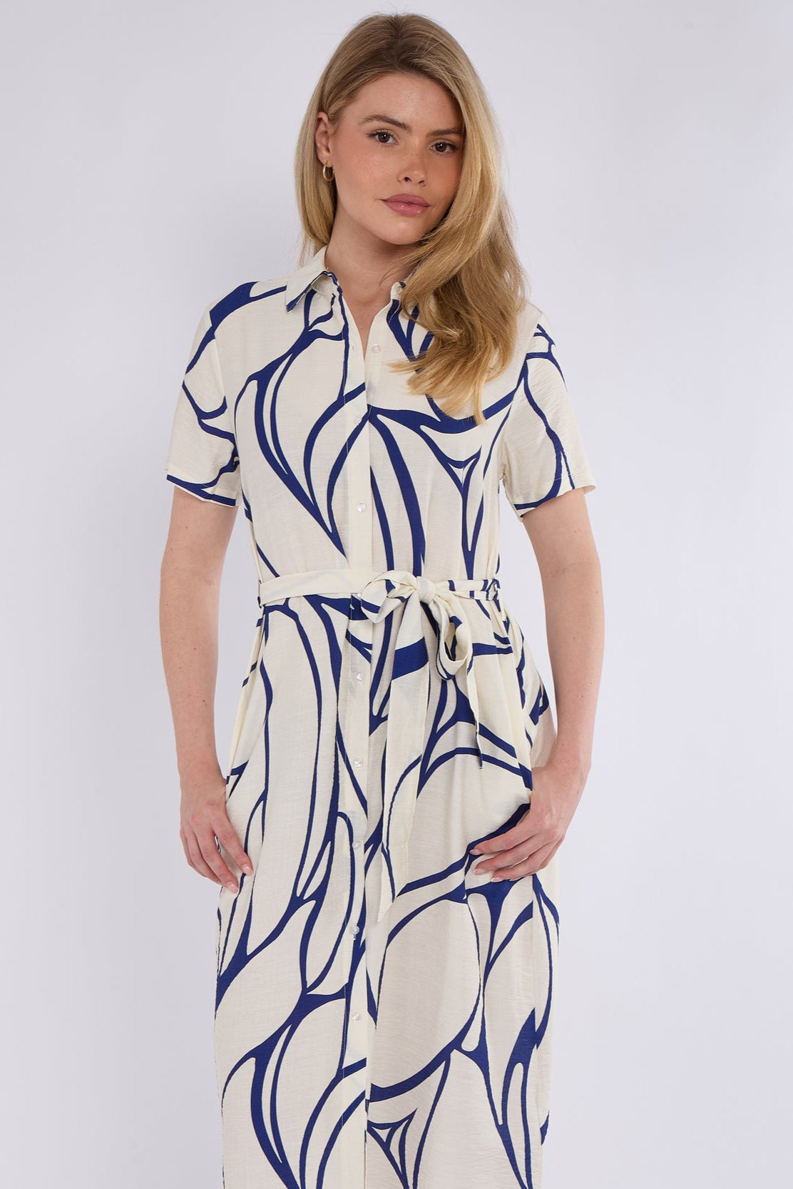 8Pcs Blue Graphic Wave Print Short Sleeve Midi Shirt Dress