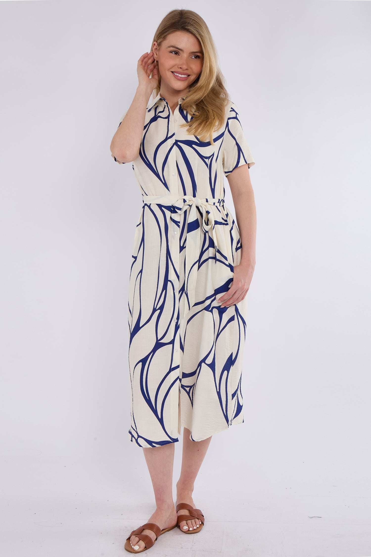 8Pcs Blue Graphic Wave Print Short Sleeve Midi Shirt Dress