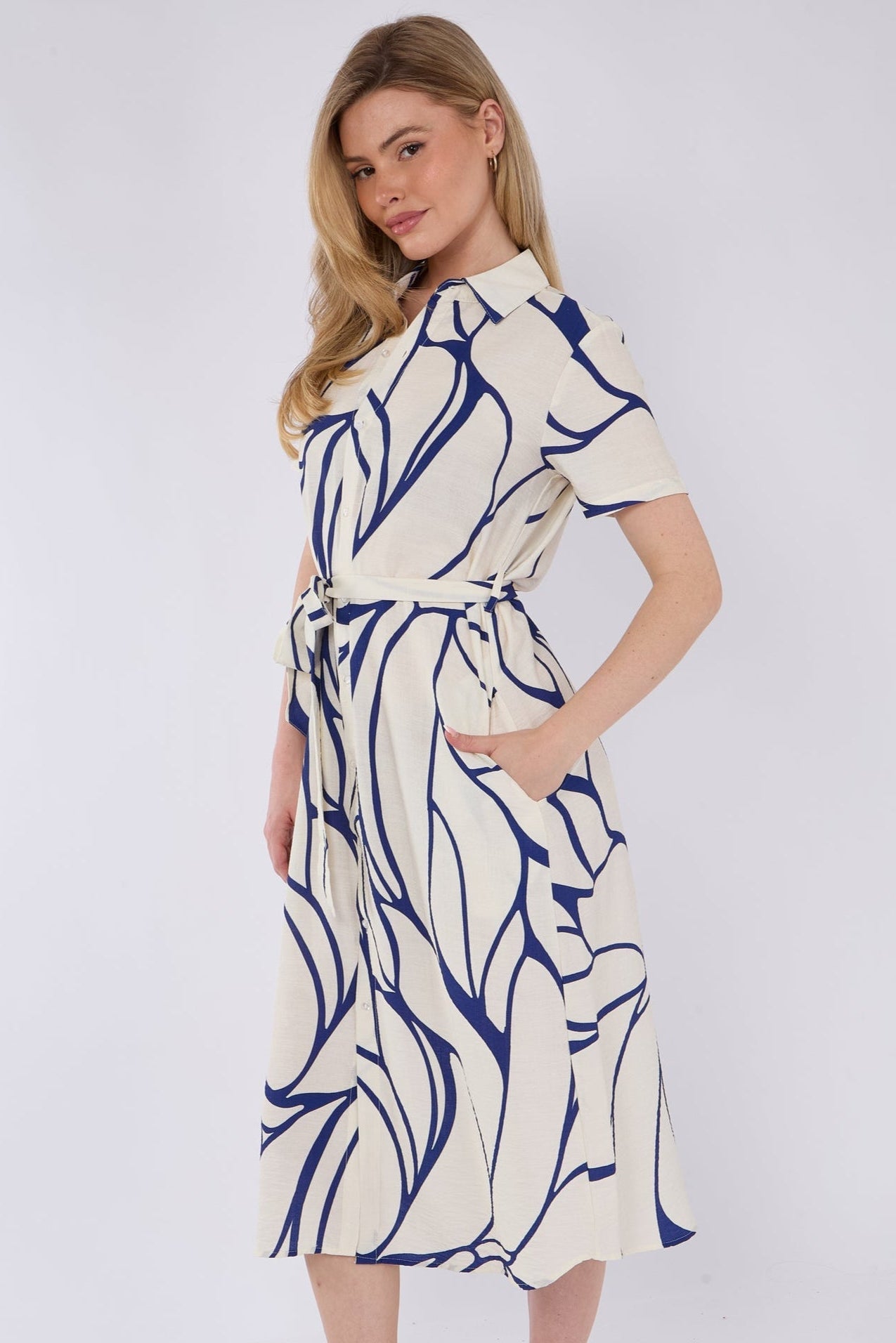 8Pcs Blue Graphic Wave Print Short Sleeve Midi Shirt Dress