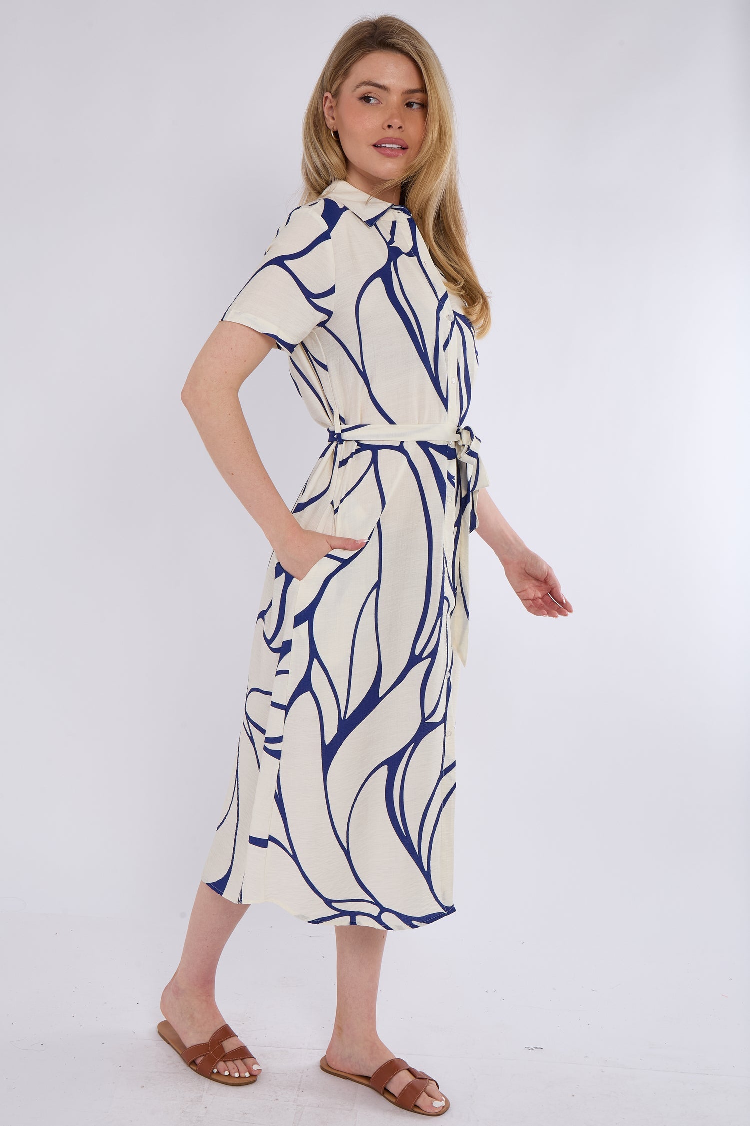 8Pcs Blue Graphic Wave Print Short Sleeve Midi Shirt Dress