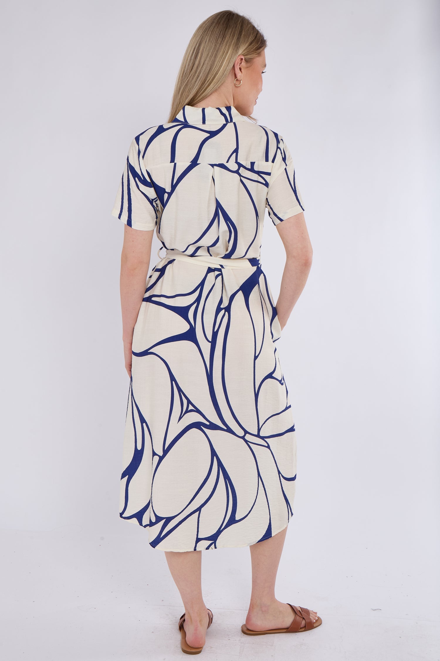 8Pcs Blue Graphic Wave Print Short Sleeve Midi Shirt Dress