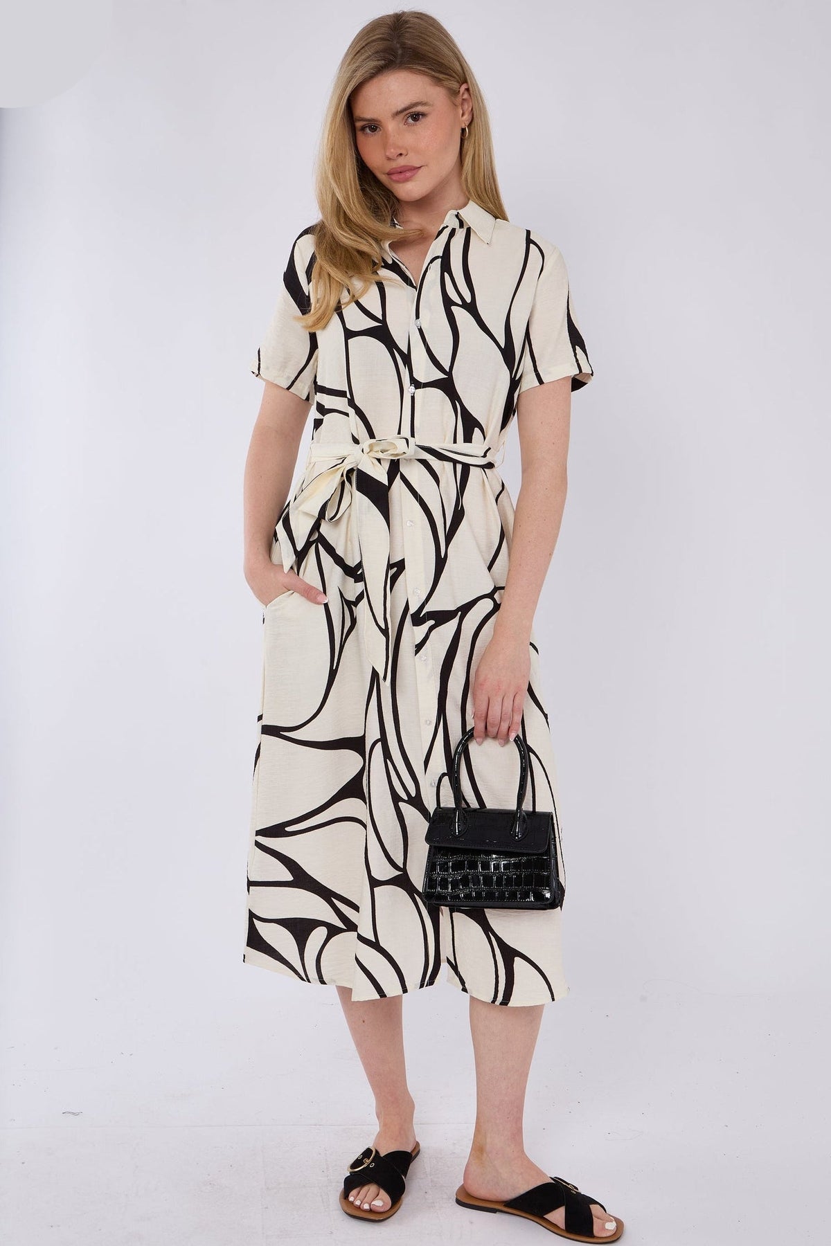 8Pcs Black Graphic Wave Print Short Sleeve Midi Shirt Dress