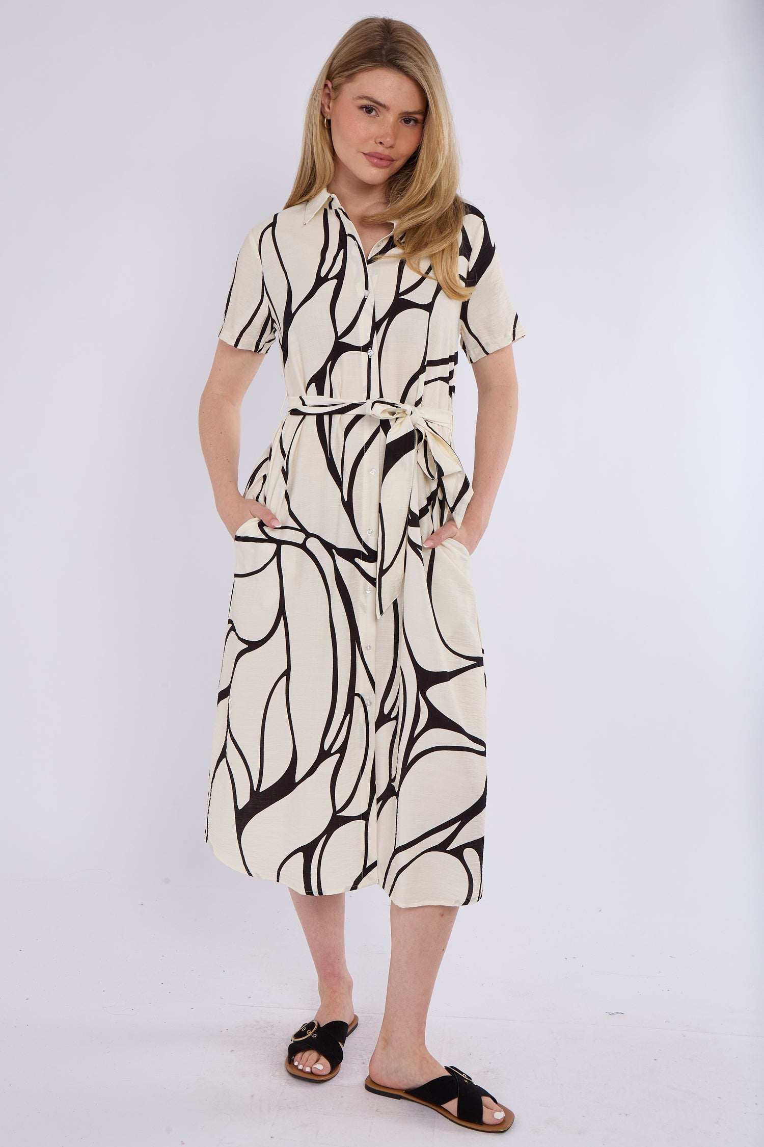 8Pcs Black Graphic Wave Print Short Sleeve Midi Shirt Dress