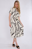 8Pcs Black Graphic Wave Print Short Sleeve Midi Shirt Dress