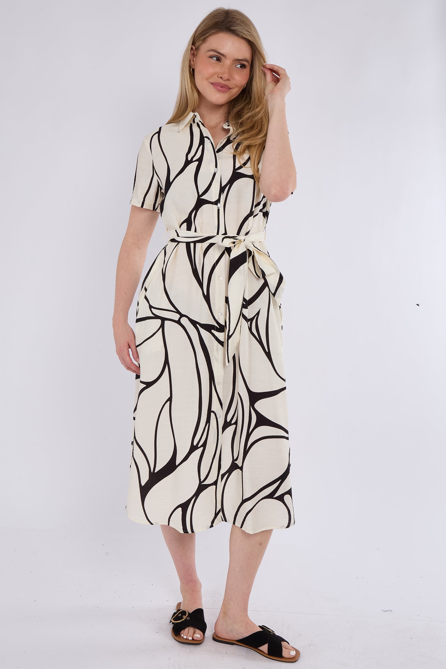 8Pcs Black Graphic Wave Print Short Sleeve Midi Shirt Dress