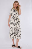 8Pcs Black Graphic Wave Print Short Sleeve Midi Shirt Dress