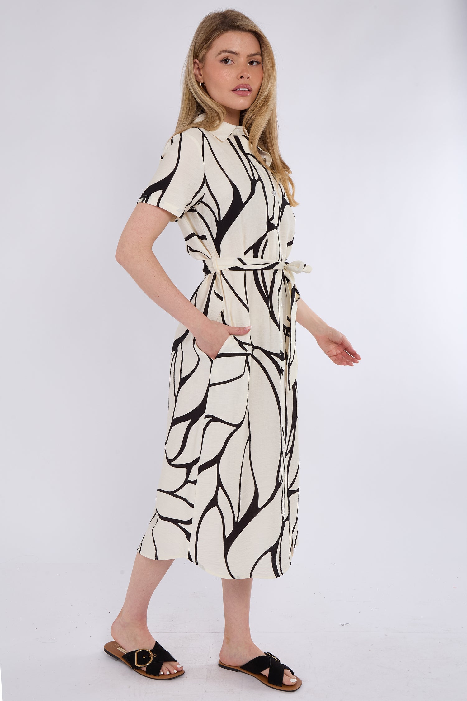 8Pcs Black Graphic Wave Print Short Sleeve Midi Shirt Dress