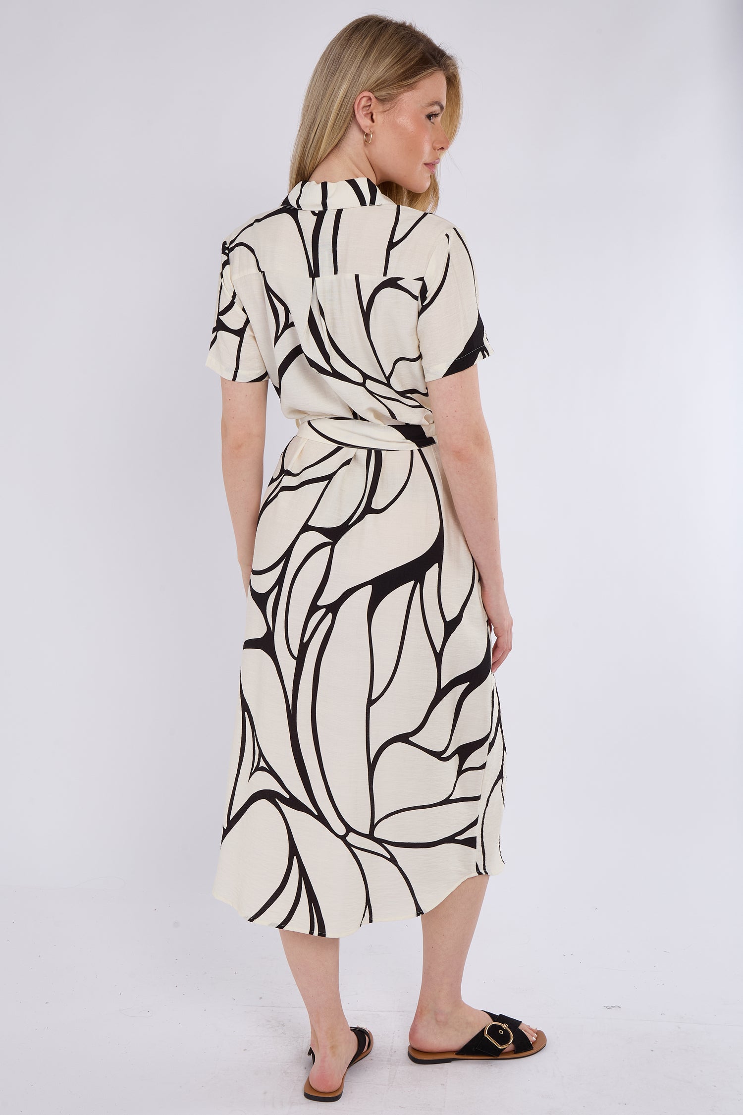 8Pcs Black Graphic Wave Print Short Sleeve Midi Shirt Dress