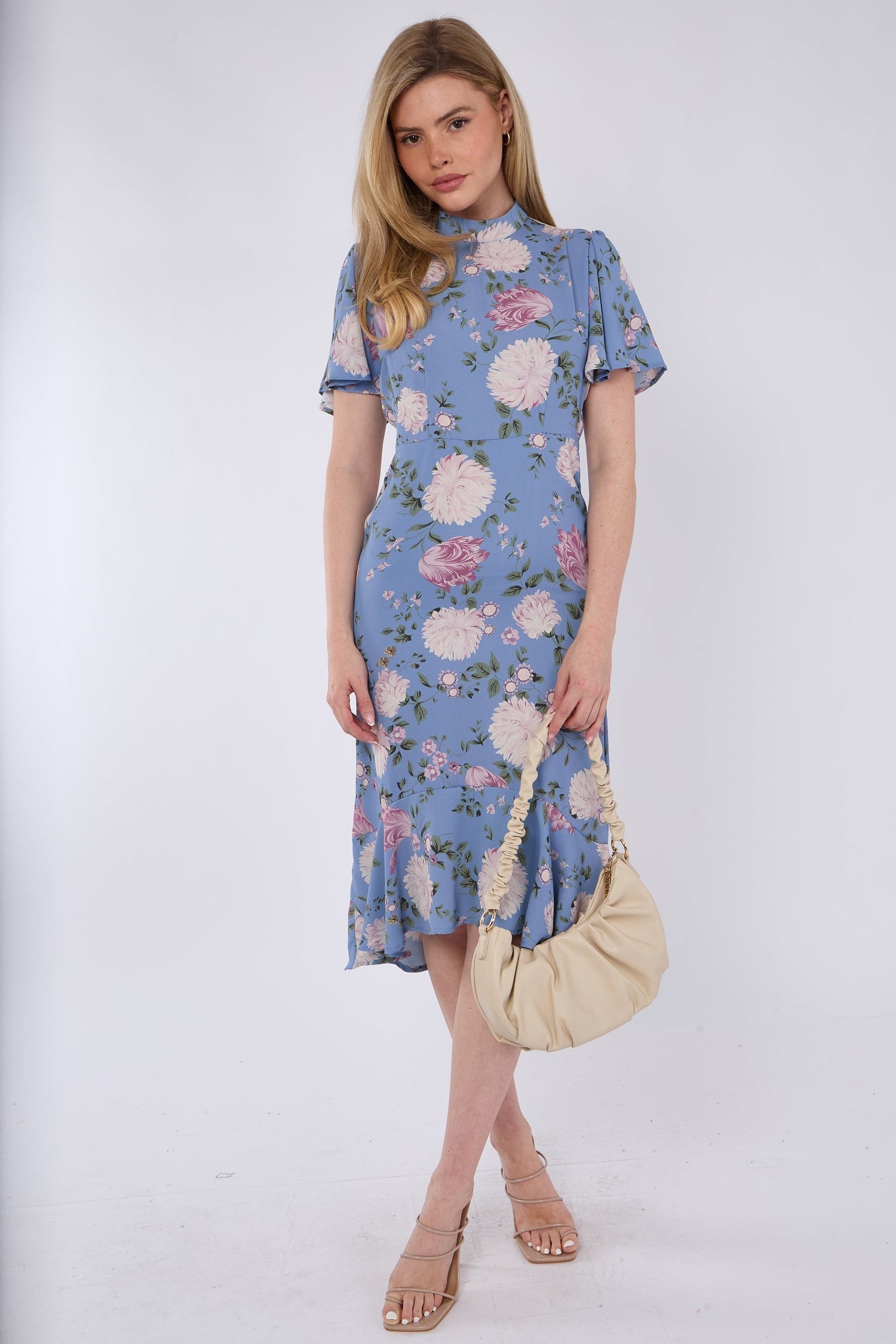 8Pcs Blue Peony Flutter Sleeve Midi Tea Dress
