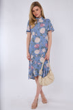 8Pcs Blue Peony Flutter Sleeve Midi Tea Dress