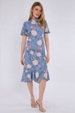 8Pcs Blue Peony Flutter Sleeve Midi Tea Dress