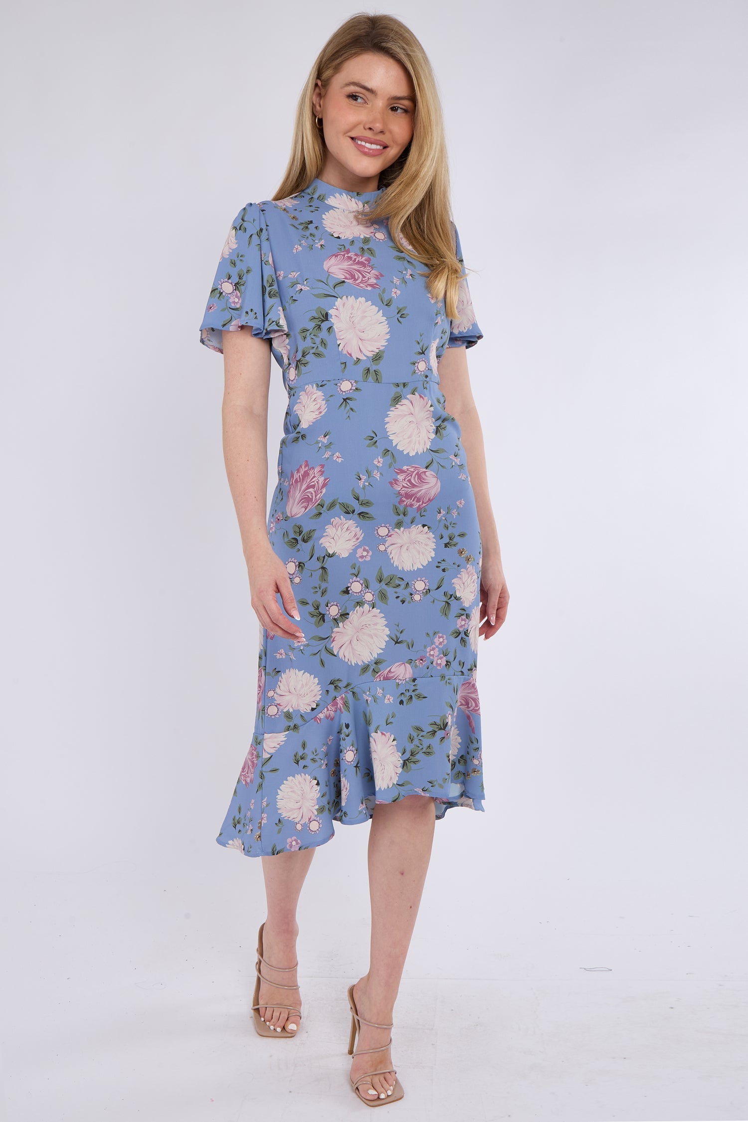 8Pcs Blue Peony Flutter Sleeve Midi Tea Dress