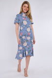 8Pcs Blue Peony Flutter Sleeve Midi Tea Dress
